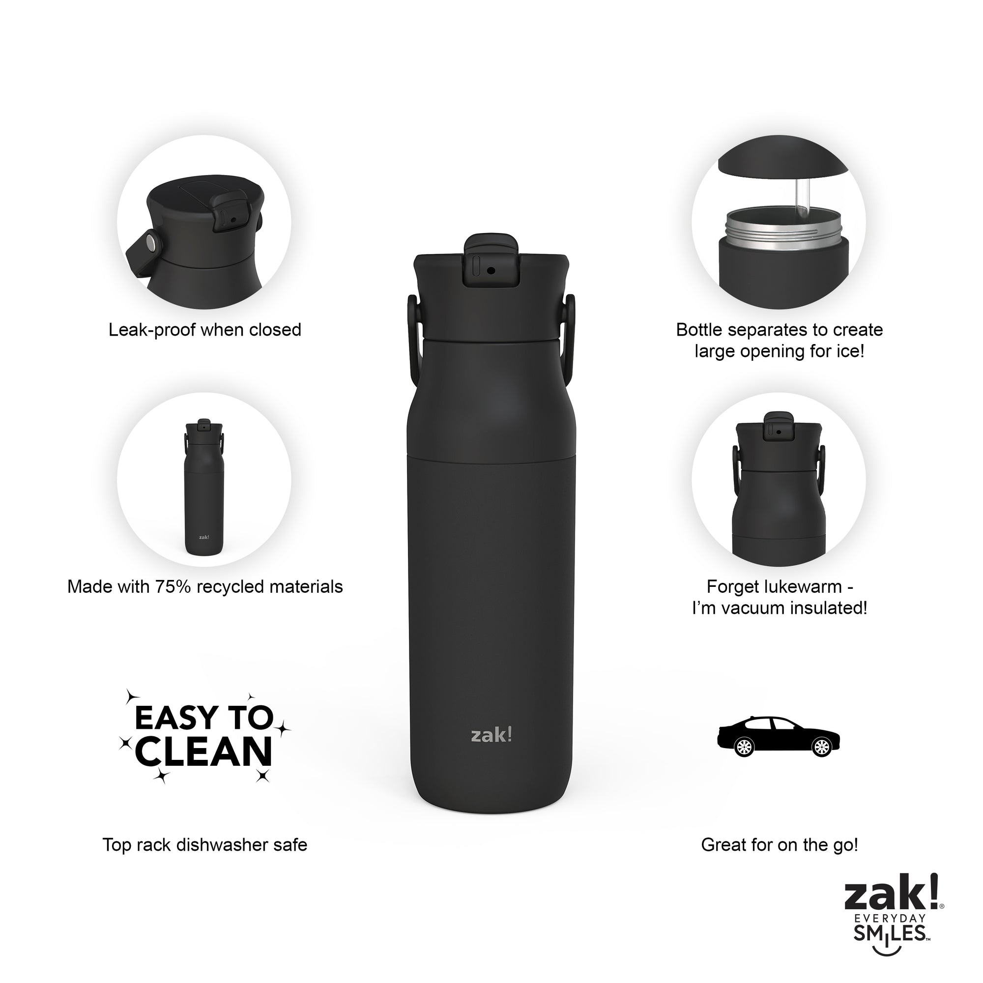 Harmony Recycled Stainless Steel Insulated Water Bottle with Flip-Up Straw Spout - Ebony, 32 ounces