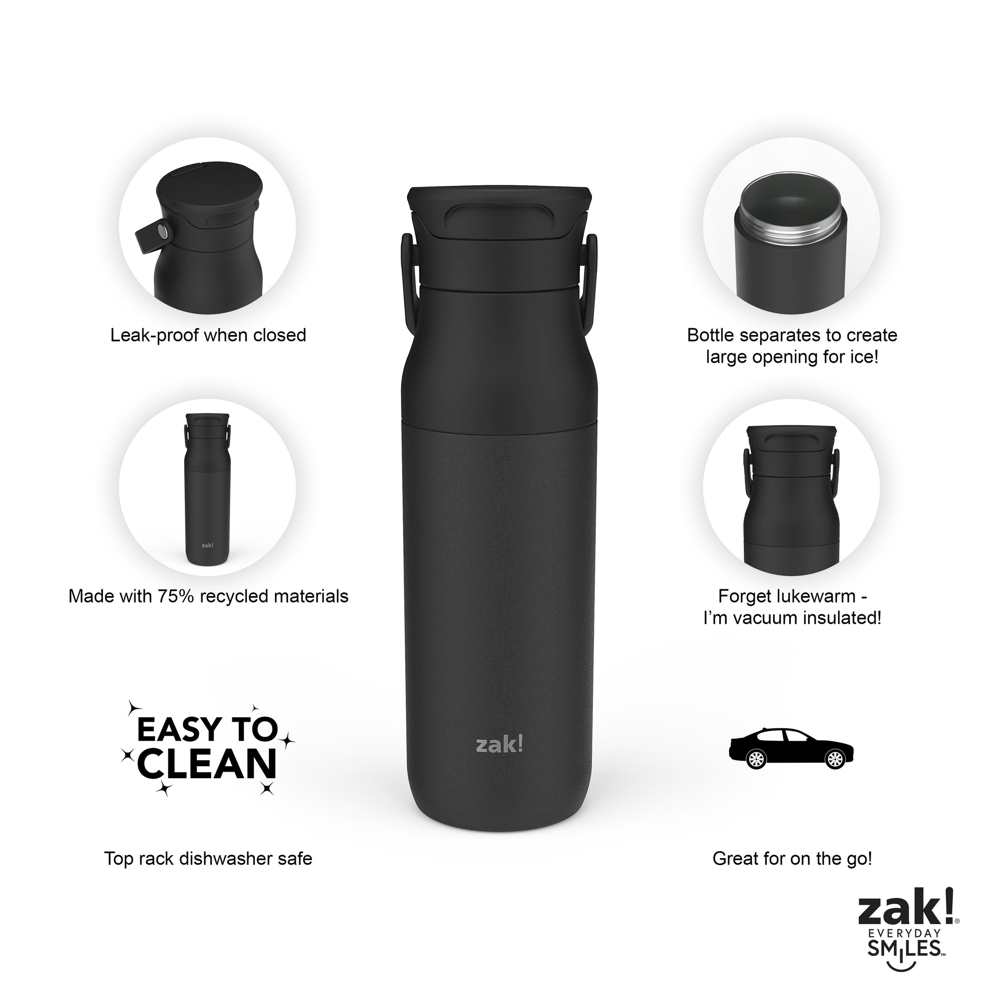 Harmony Recycled Stainless Steel Insulated Water Bottle with Sip Opening - Ebony, 32 ounces