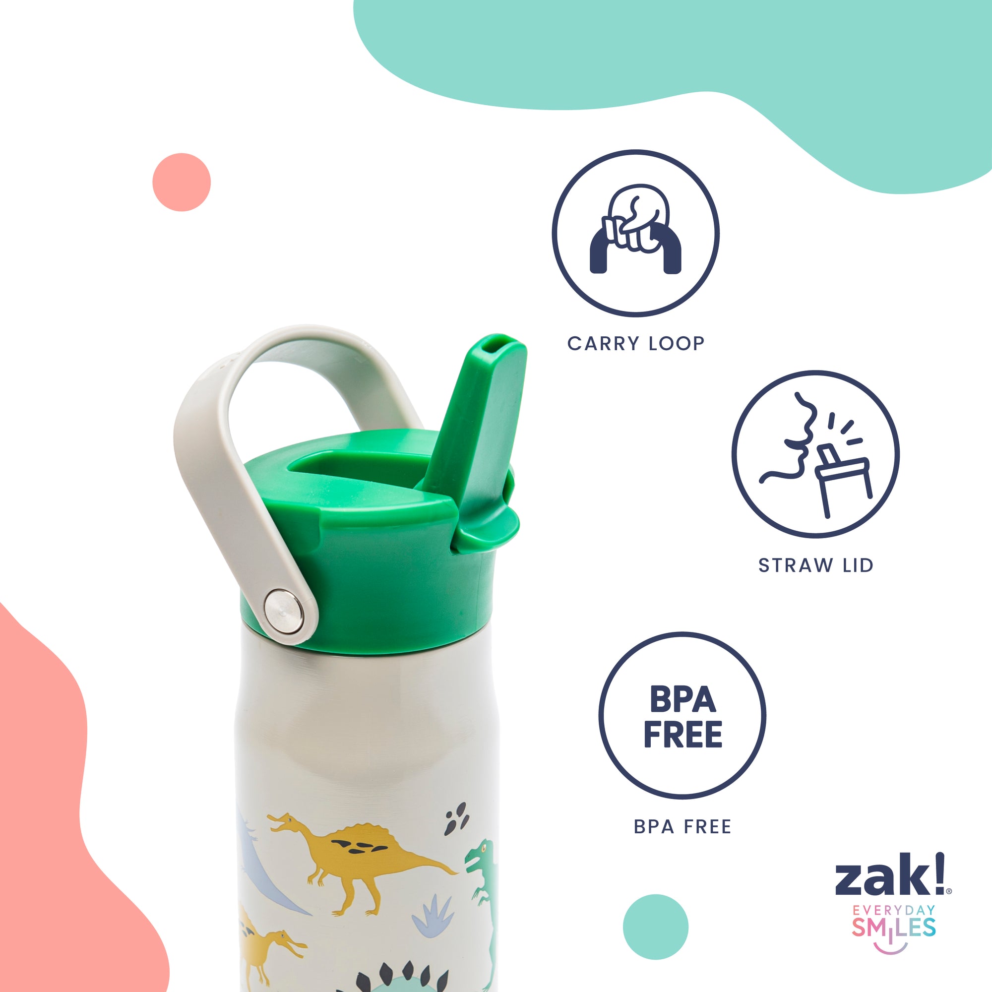 Zak Designs Kids Straw Water Bottle with Carry Loop - Harmony 14 ounces