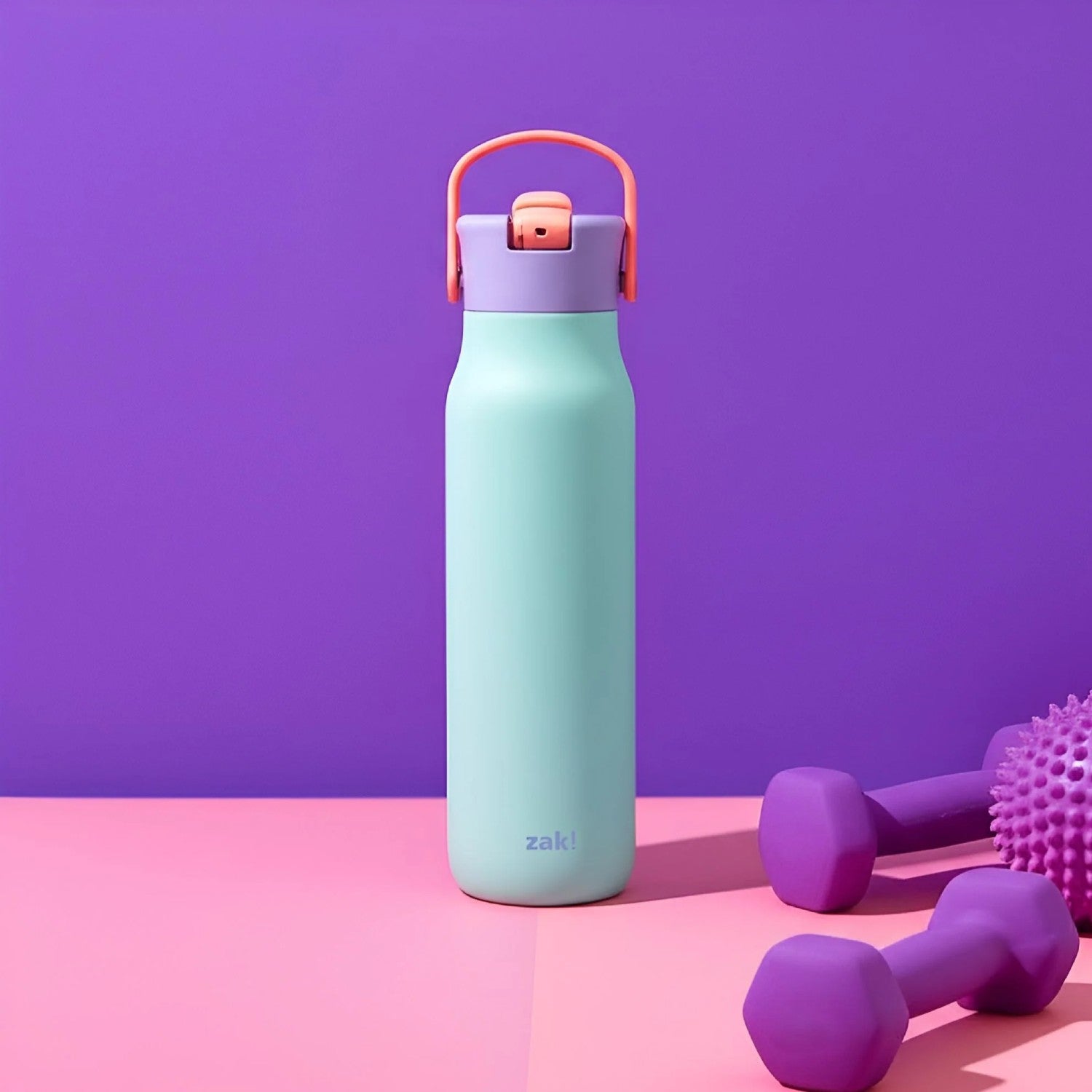 Mint green water bottle with purple lid 32 ounces