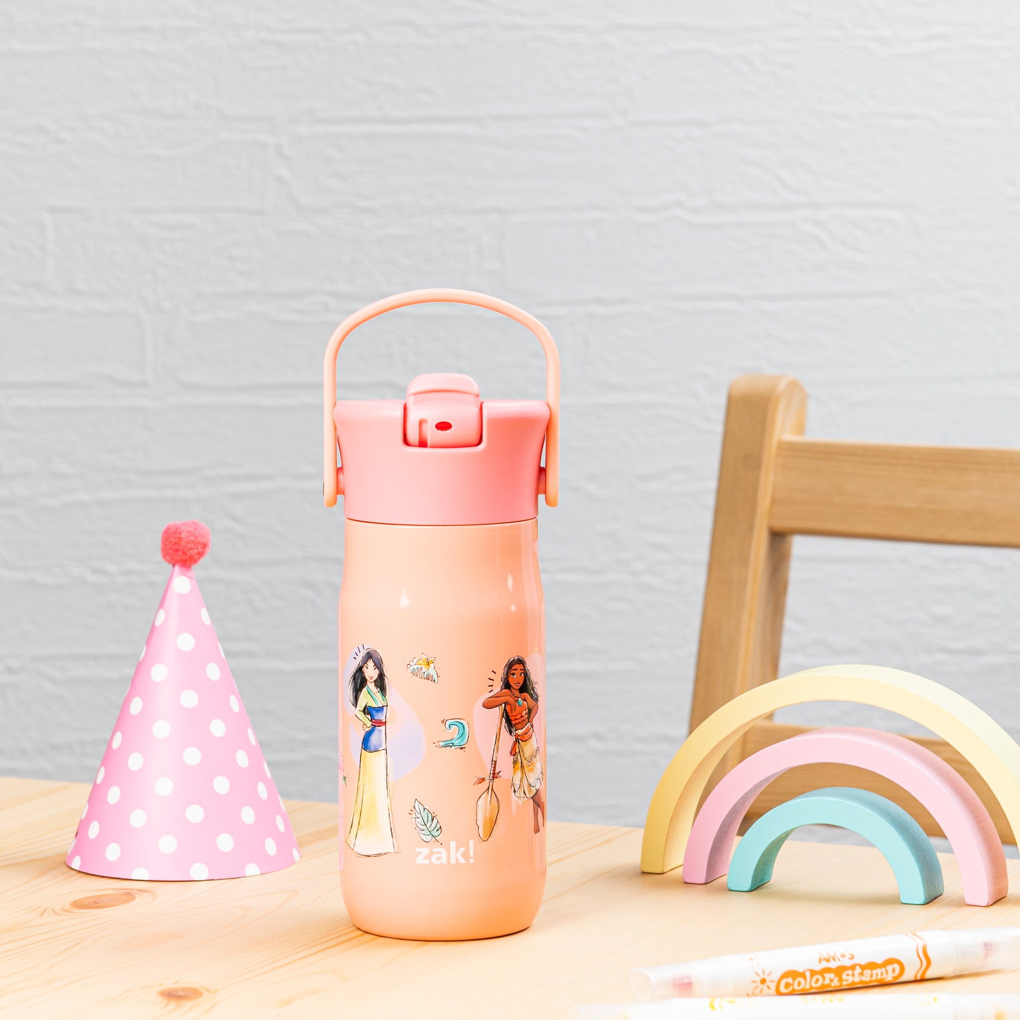 Disney Princess Harmony Recycled Stainless Steel Kids Water Bottle with Straw Spout, 14 ounces