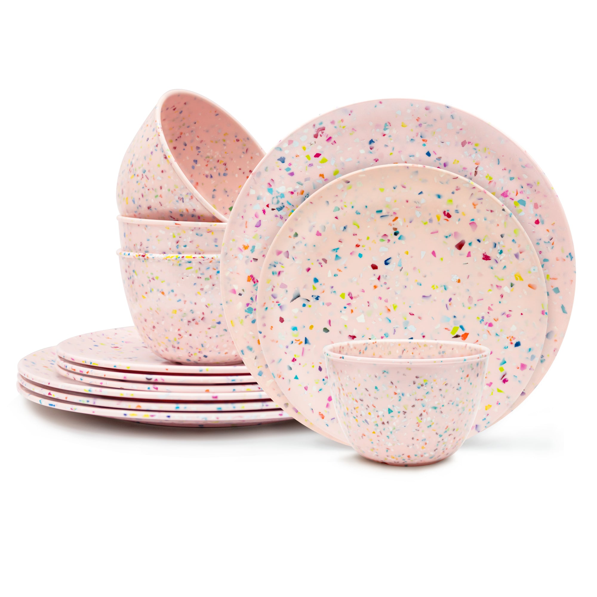 Confetti Melamine Dinnerware Set - Durable, Recycled Plates and Bowls, Pink