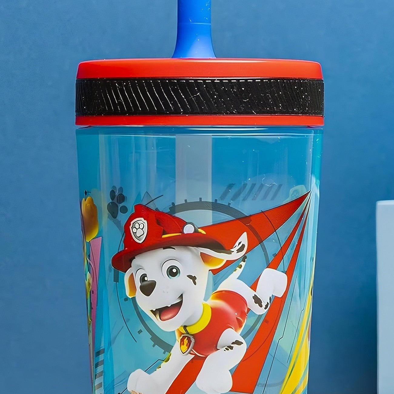 close up of blue PAW Patrol Marshall kids cup