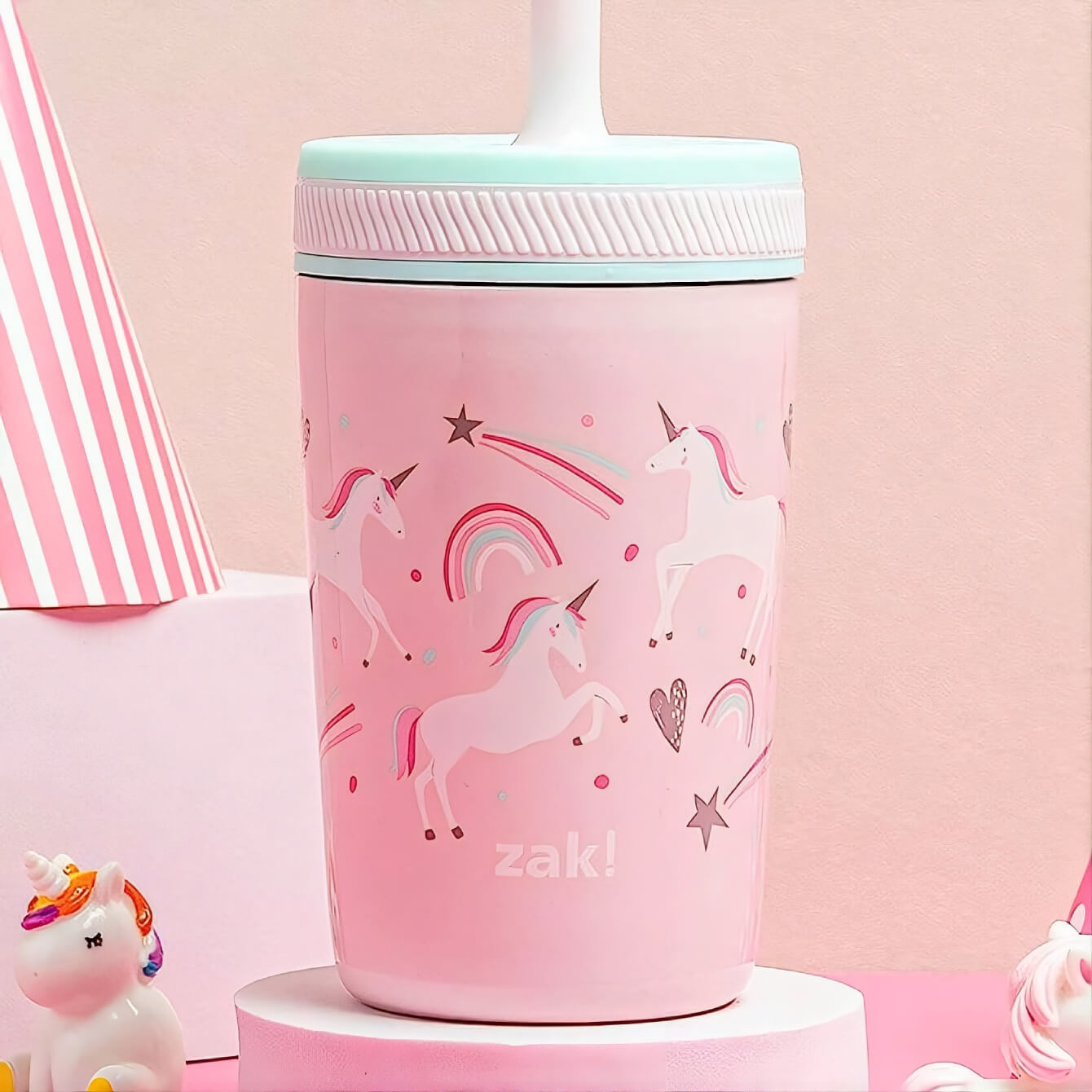 pink kids cup with white unicorns design