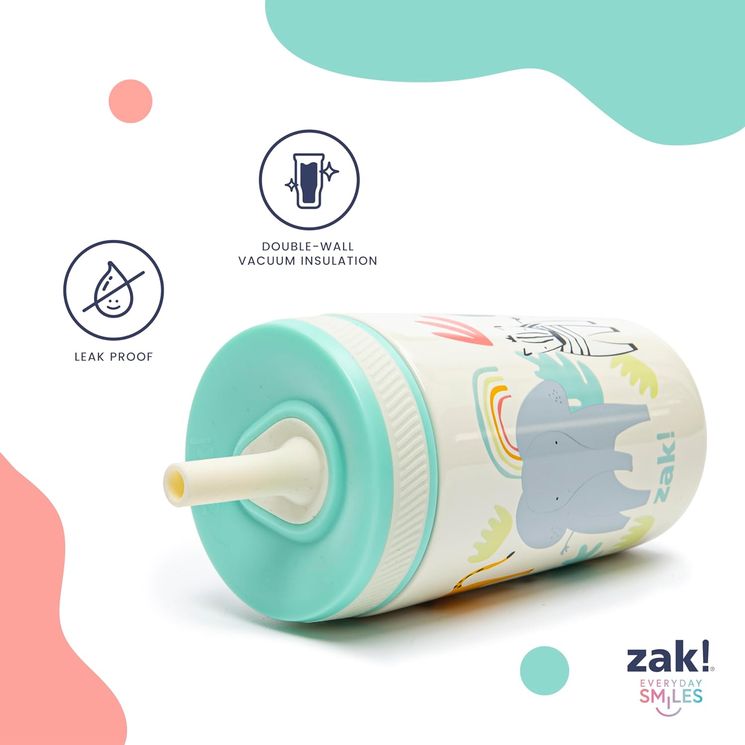 Children's sippy cup with elephant design and product features on a white background