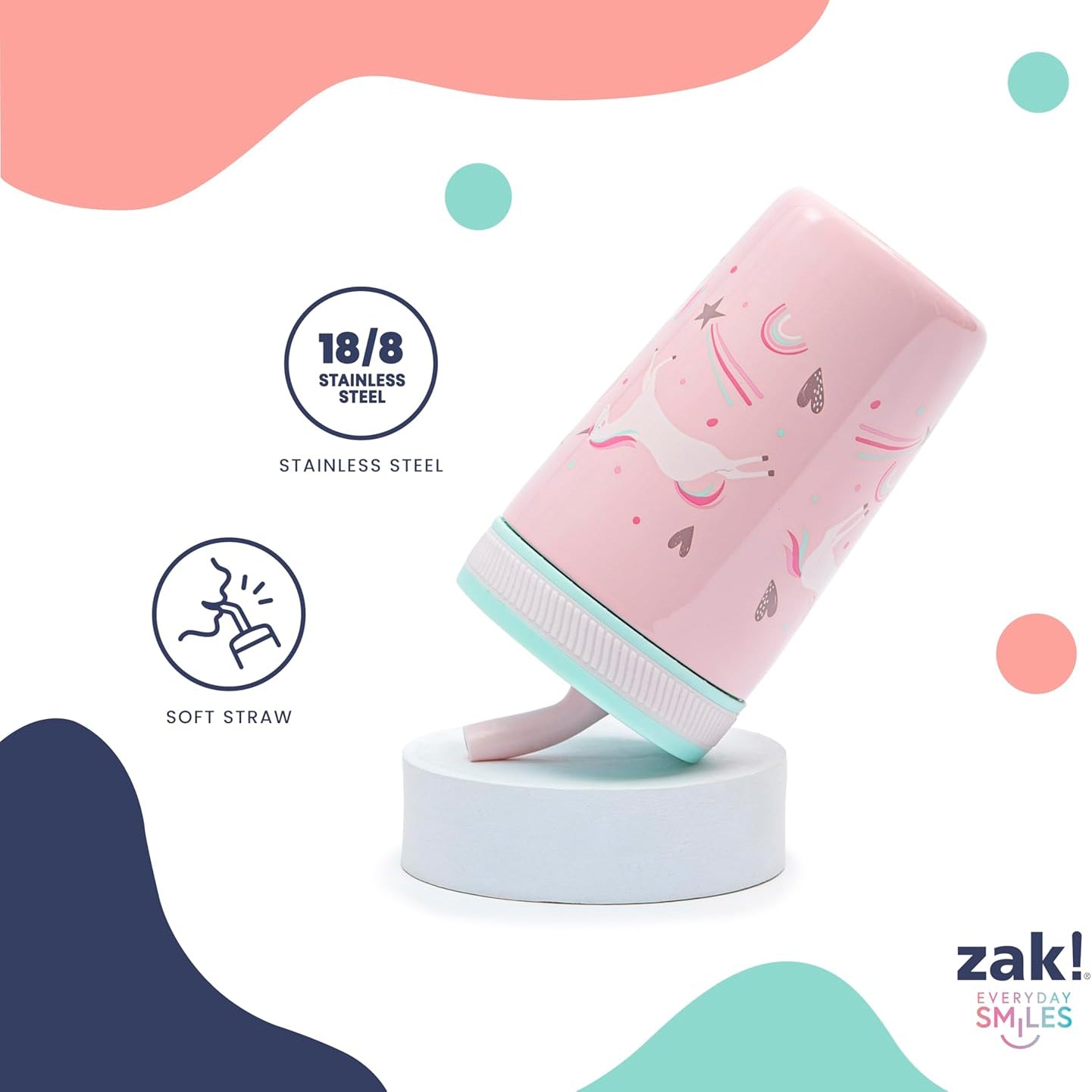 Pink stainless steel tumbler with unicorn design on a white background, featuring the brand 'zak!'.