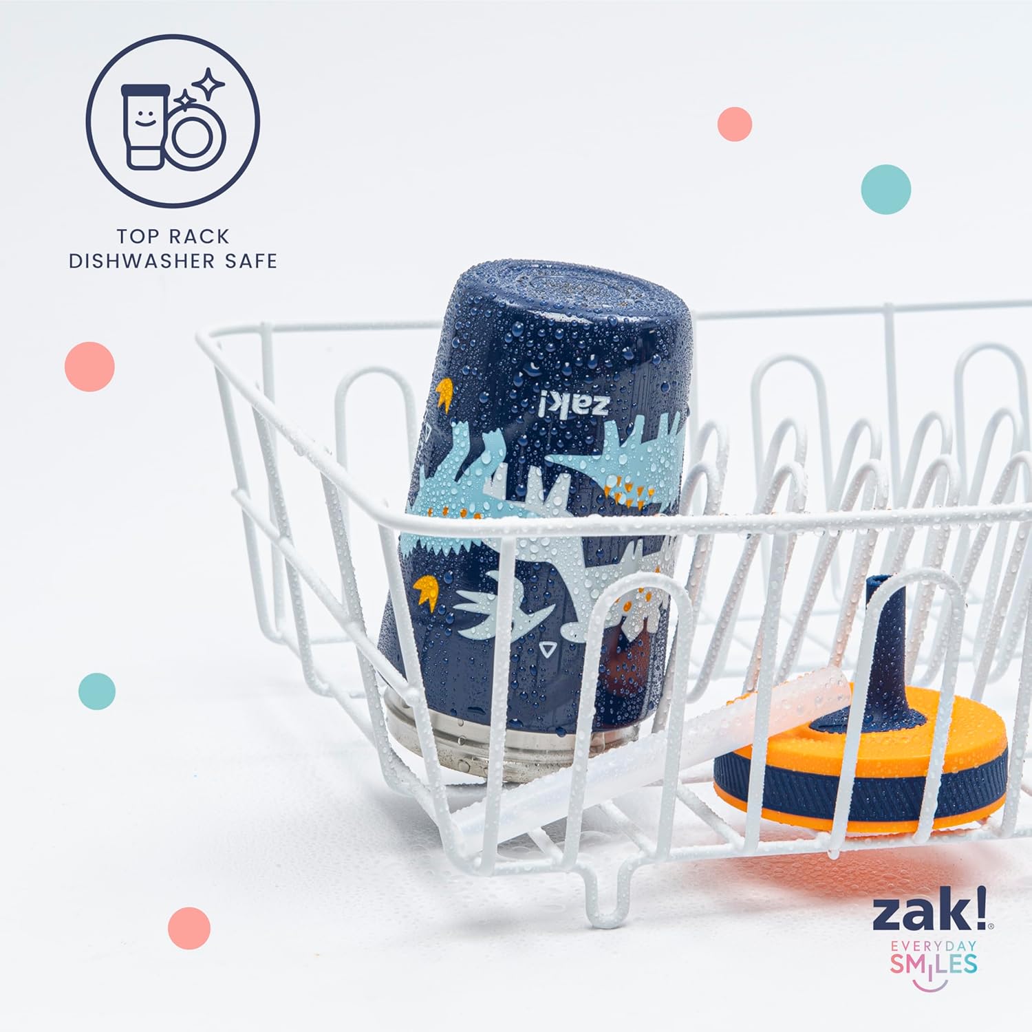 Zak! brand cups in a white dish rack with colorful dots on a light gray background.