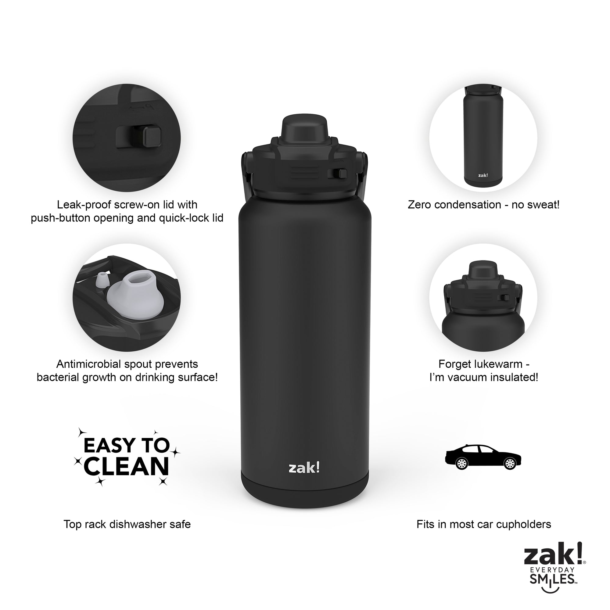 Beacon Insulated Water Bottle with Covered Antimicrobial Spout - Ebony, 32 ounces
