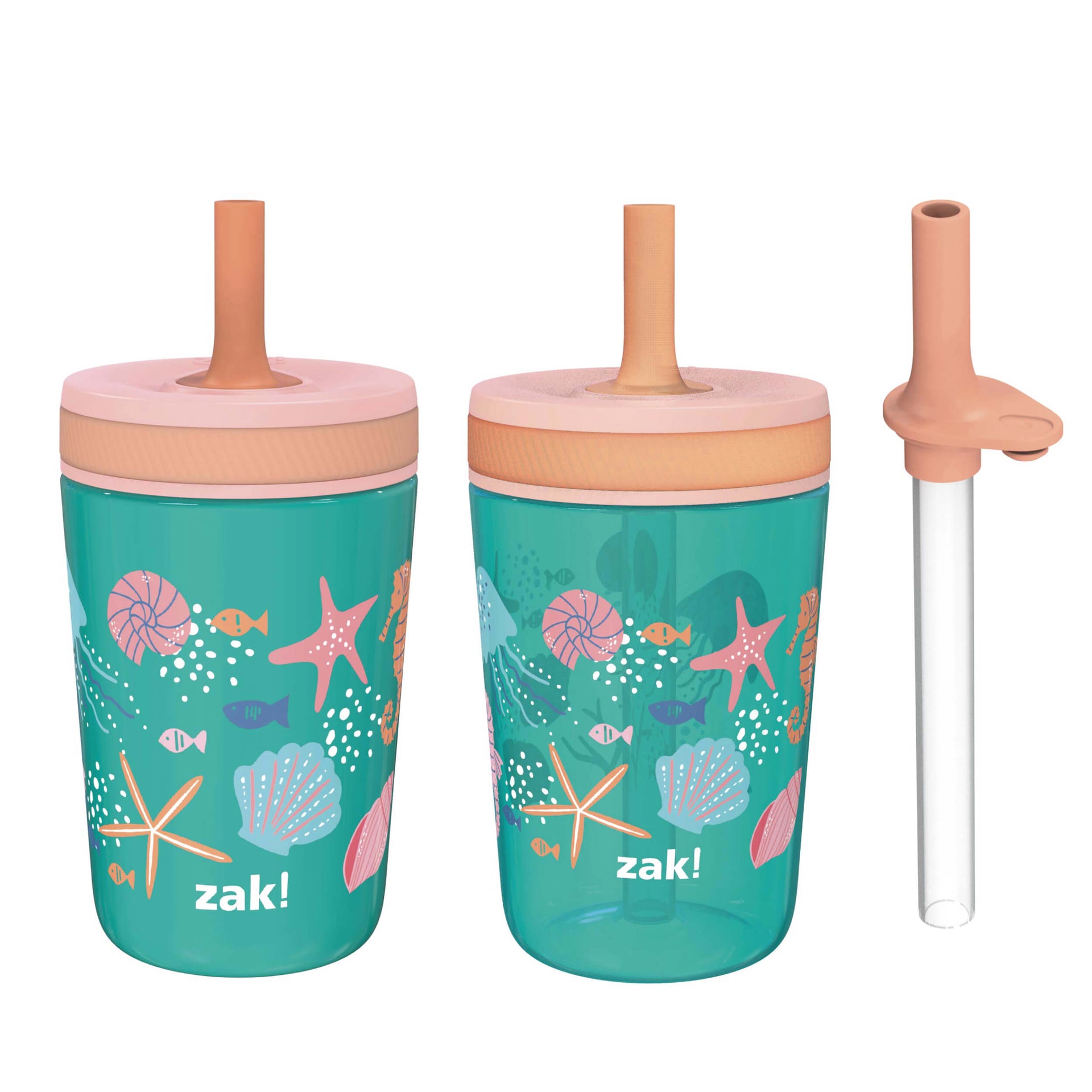 Zak Designs Shells Kelso Tumbler Set, Leak-Proof Screw-On Lid with Straw, Bundle for Kids Includes Plastic and Stainless Steel Cups with Bonus