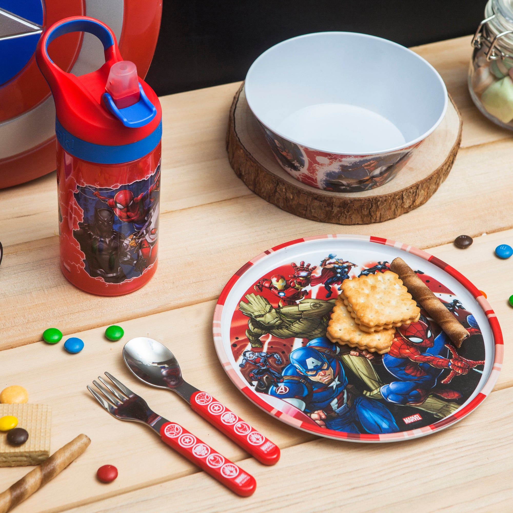 Marvel Universe Melamine Kids Dinnerware Set with Water Bottle