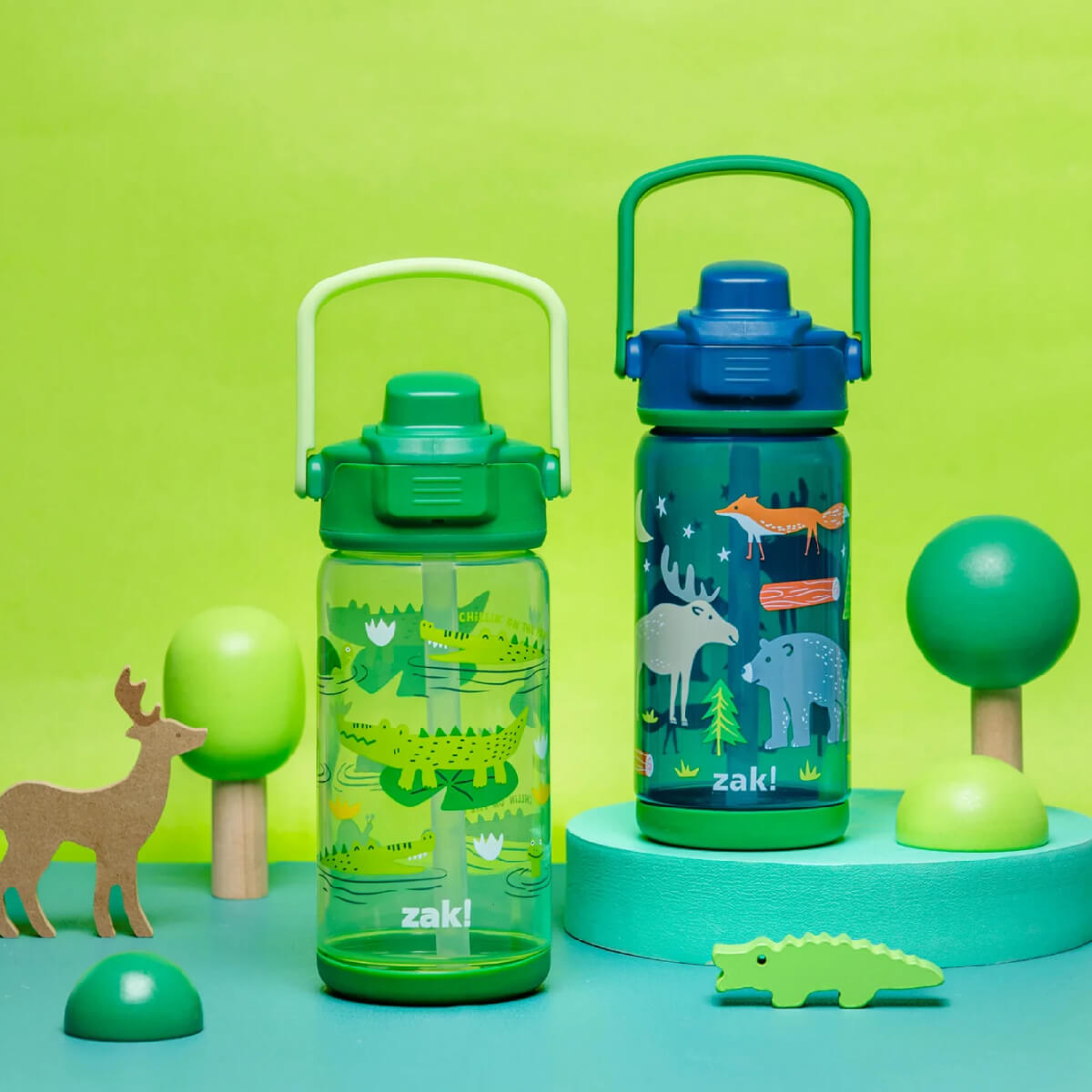 Beacon Woodlands Push Button Lid Water Bottles for Kids Age 3 to 6 by Zak Designs
