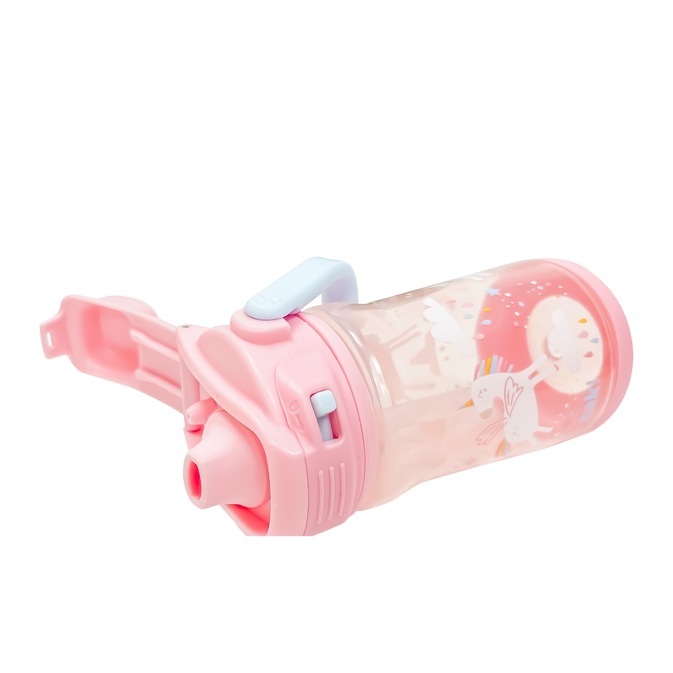 Pink water bottle with a straw on a white background