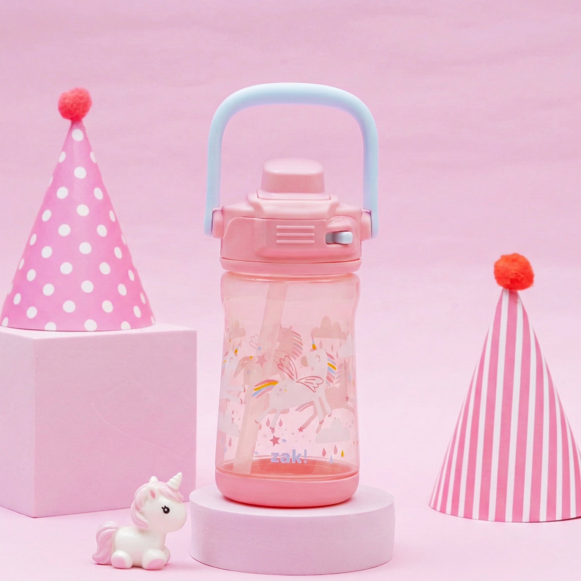 Pink zak water bottle with unicorn design on a pink background