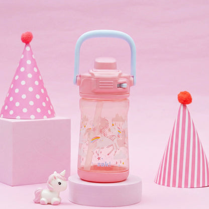 Pink zak water bottle with unicorn design on a pink background