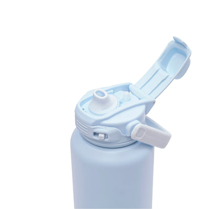 Light blue water bottle with a white cap on a white background