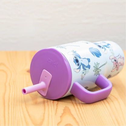 Zak children's Lilo & Stitch cup with purple handle and lid on a wooden surface