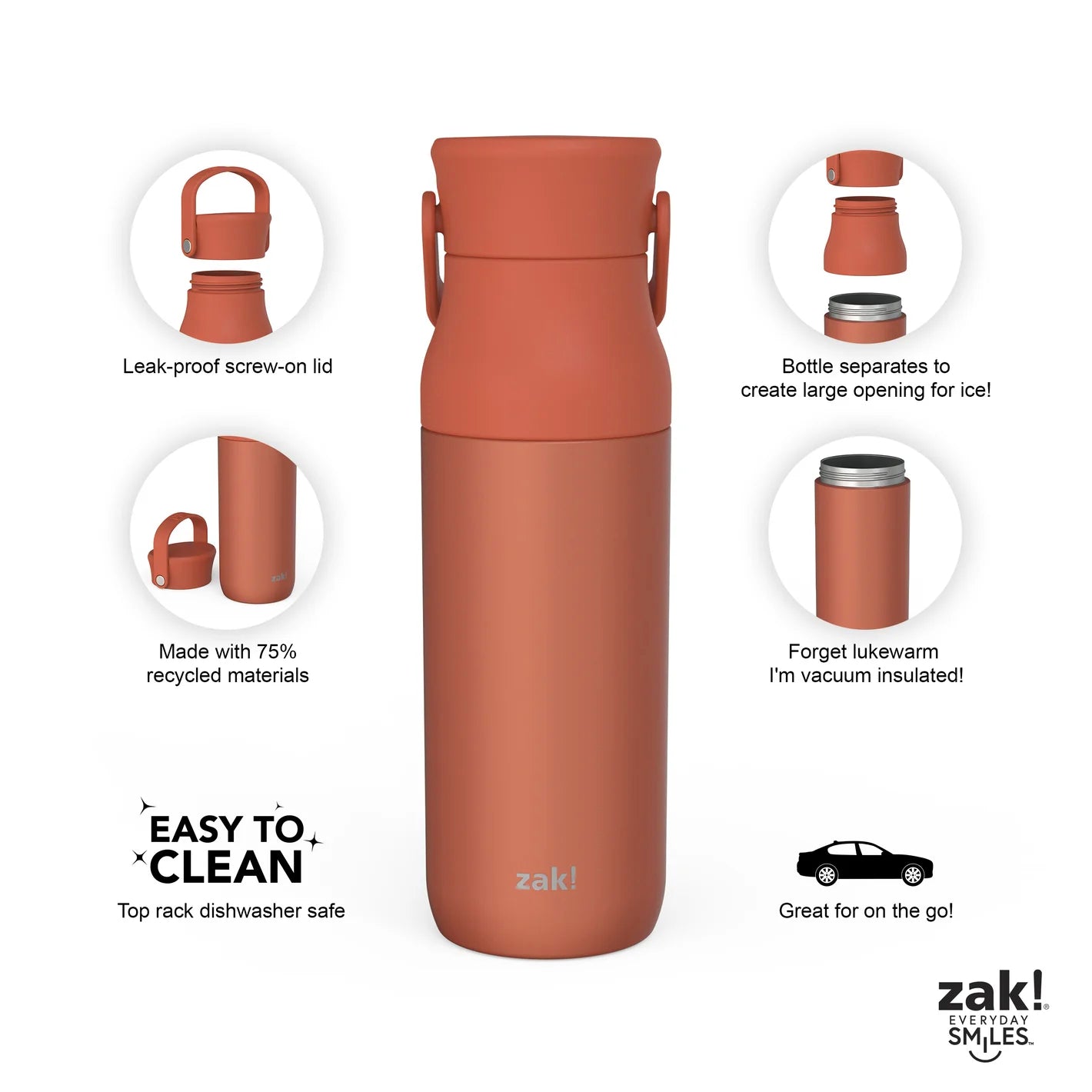 Zak Designs Harmony Water Bottle for Travel or at Home, 32oz Recycled Stainless Steel Is Leak-Proof When Closed and Vacuum Insulated with Straw Lid