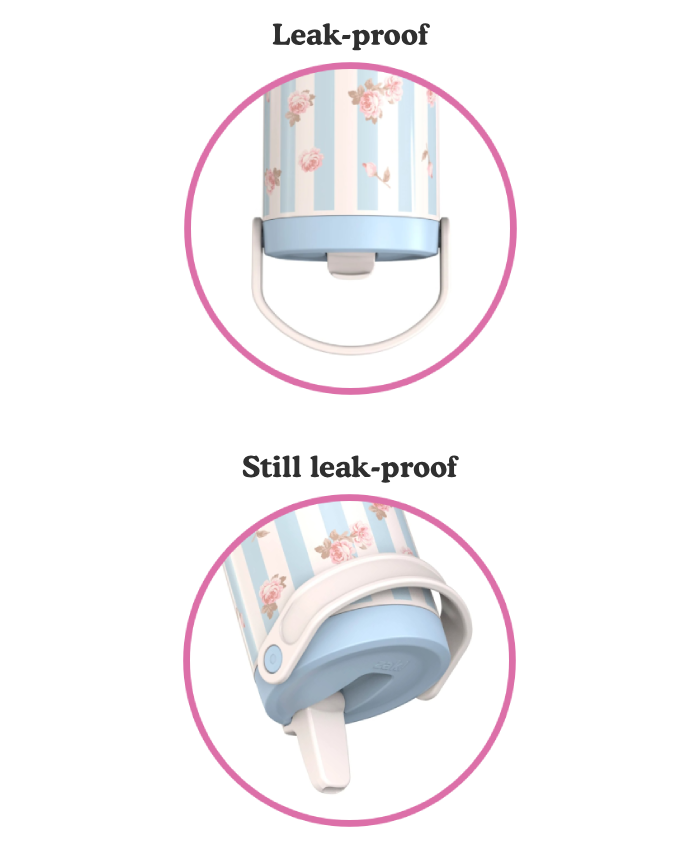 Two circular close-up callouts on a white background showing a patterned insulated tumbler with text reading 'Leak-proof' and 'Still leak-proof.' The tumbler has vertical light blue and white stripes with a soft pink floral print, a pale blue lid, and a white handle/spout cover.