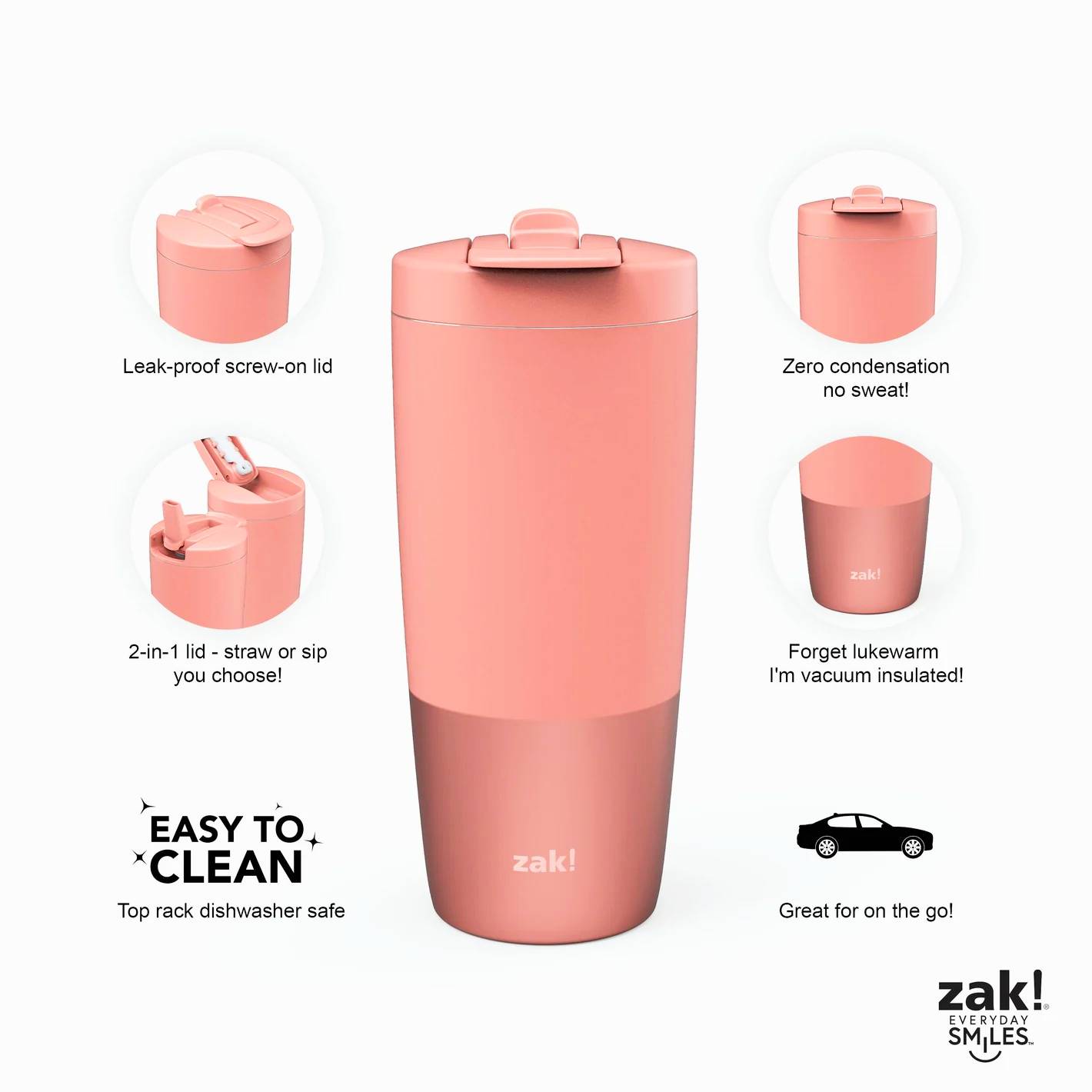 Sutton Insulated Stainless Steel Tumbler with 2-in-1 Straw and Sip Lid - Coral Blush, 20 Ounces