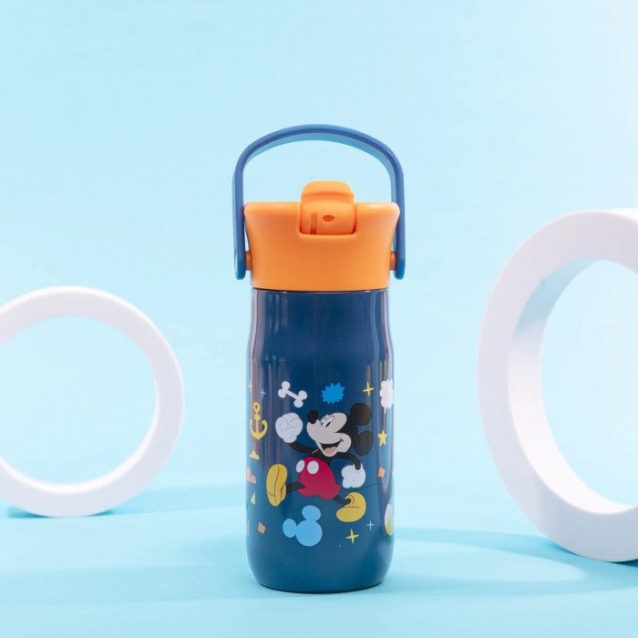 Children's water bottle with cartoon character design on a blue background