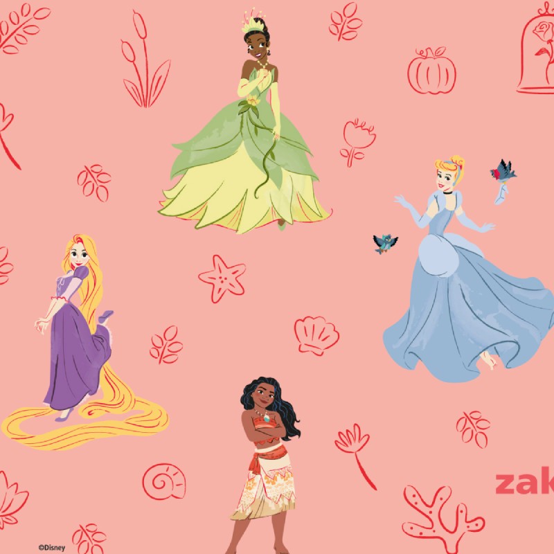 Illustrations of Disney princesses on a pink background with floral elements, featuring Tiana, Cinderella, Rapunzel, and Moana.