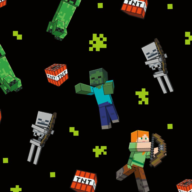 Minecraft characters and blocks on a black background