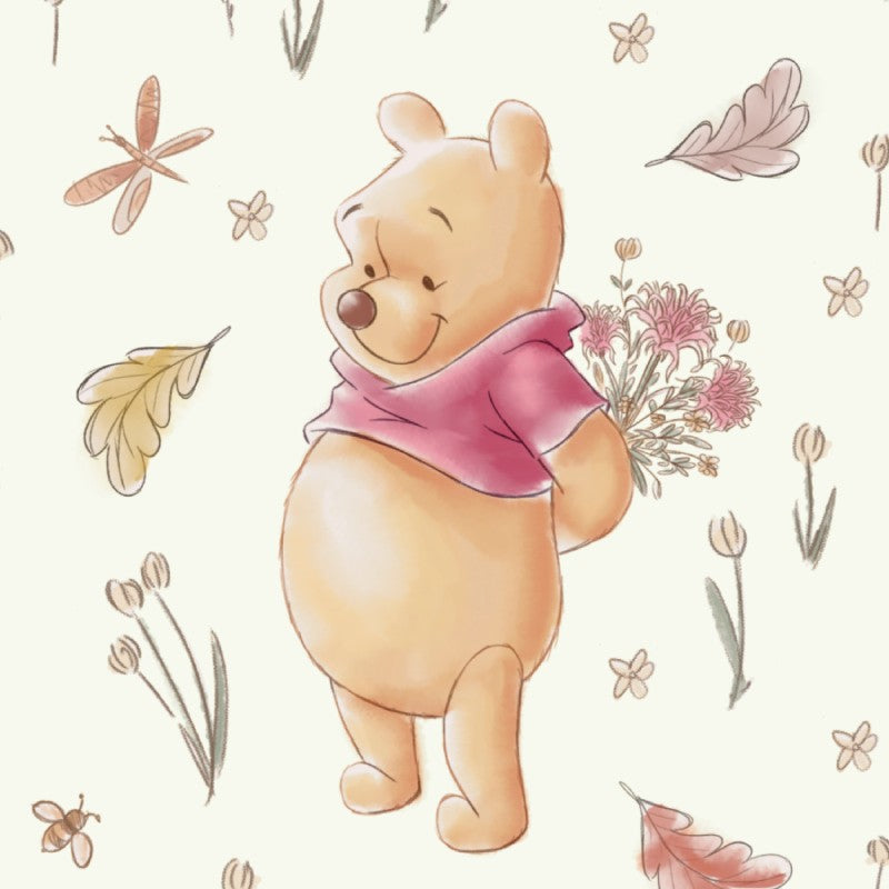Illustration of Winnie the Pooh holding flowers on a floral background