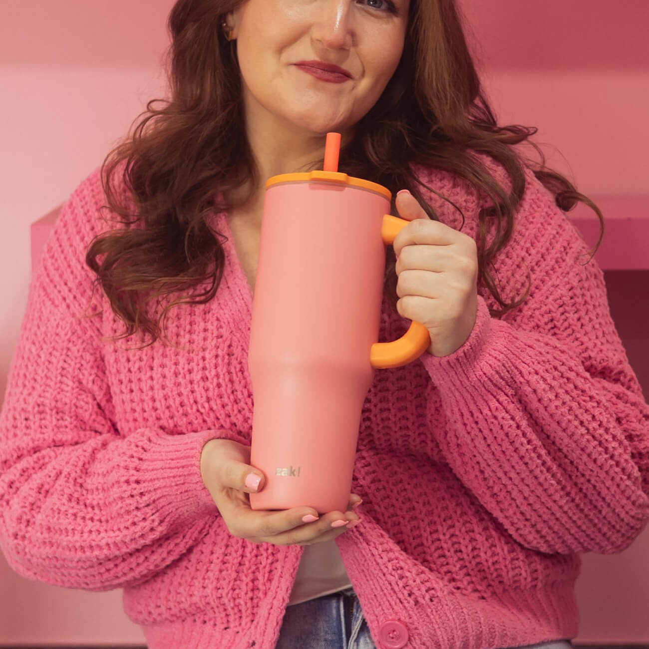 Zak Designs large capacity pink and orange straw tumbler with handle