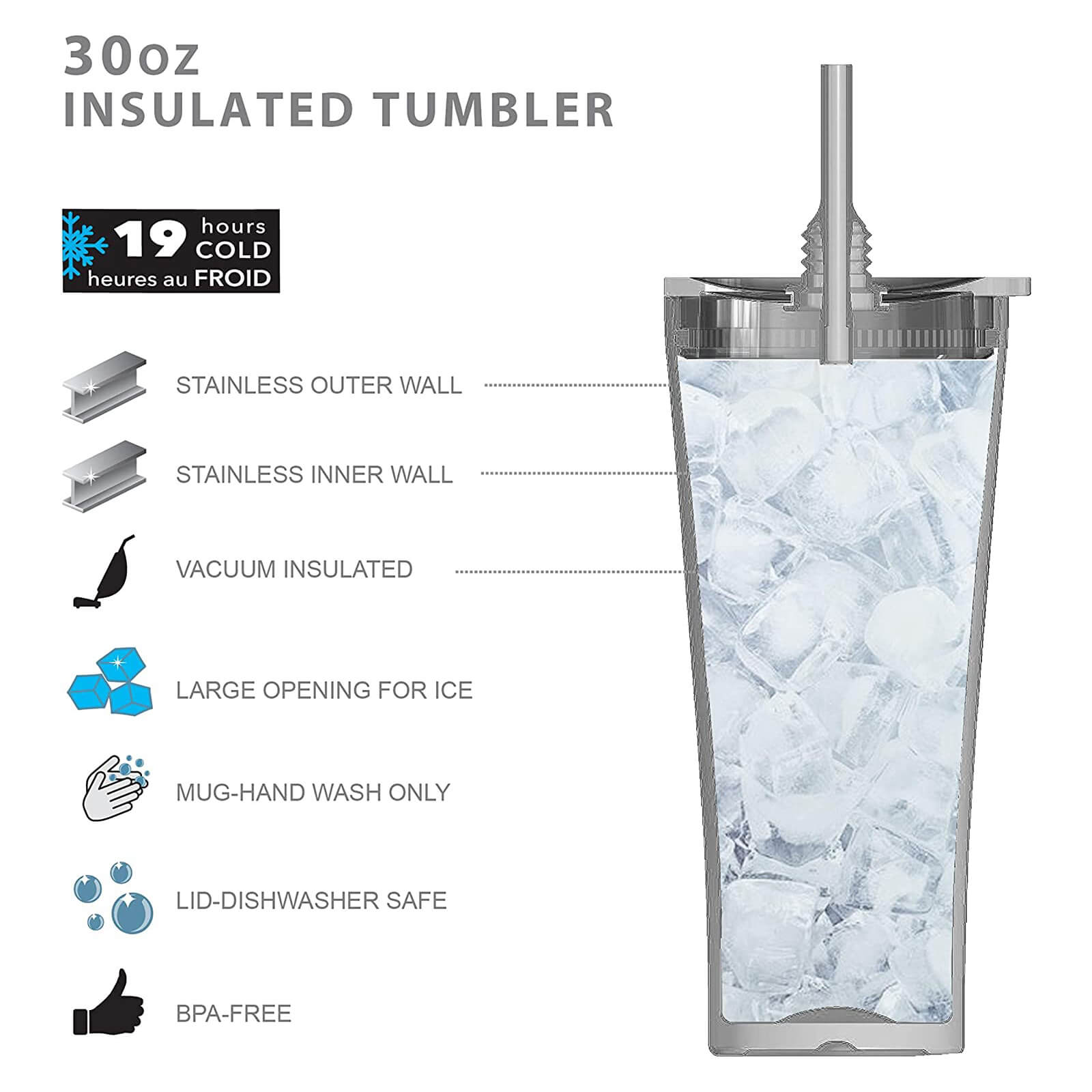 30 Oz Insulated Tumbler with Straw and Lid, Stainless Steel