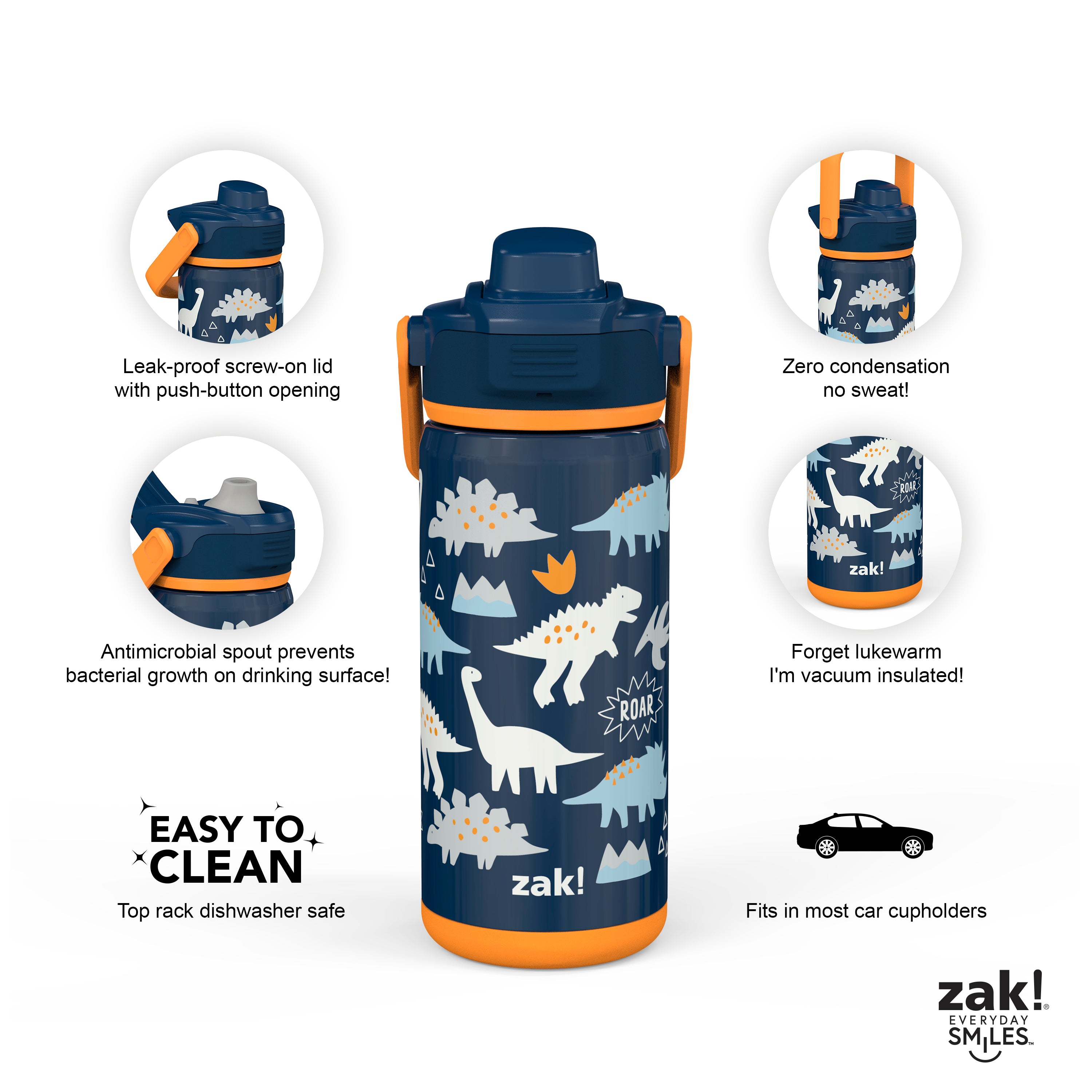 Beacon Stainless Steel Insulated Kids Water Bottle with Covered Spout - Zaksaurus, 14 Ounces