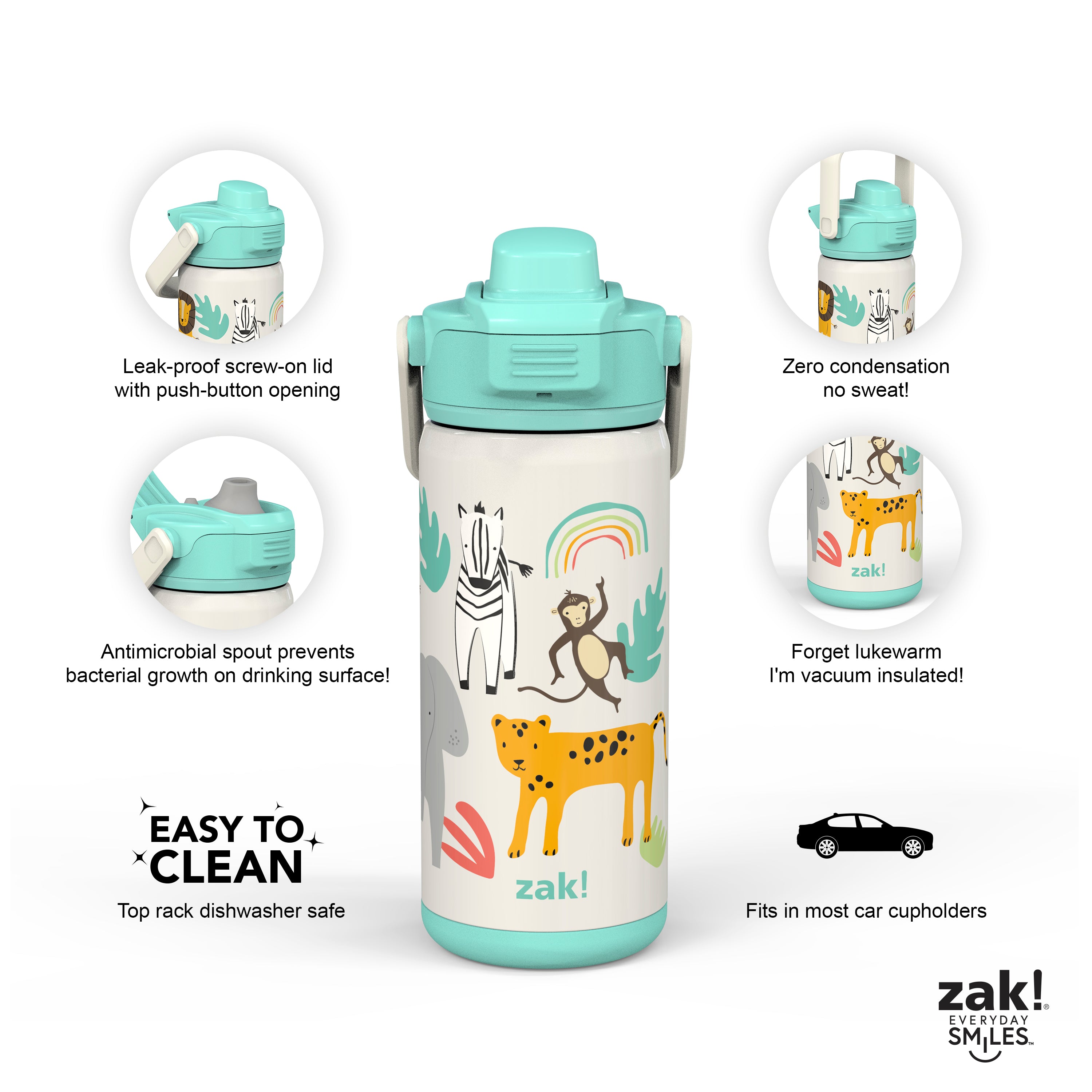 Zak Designs 14oz Stainless Steel Kids' Water Bottle with Antimicrobial Spout 'Zaksaurus