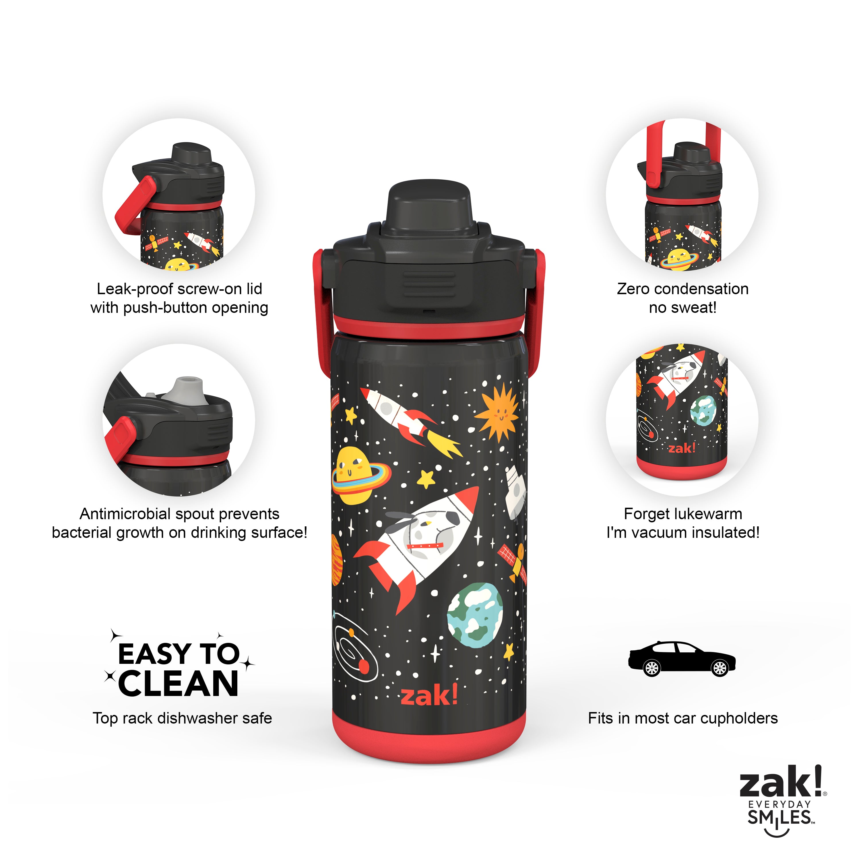 Zak Designs 14oz Stainless Steel Kids' Water Bottle with Antimicrobial Spout 'Spaceships