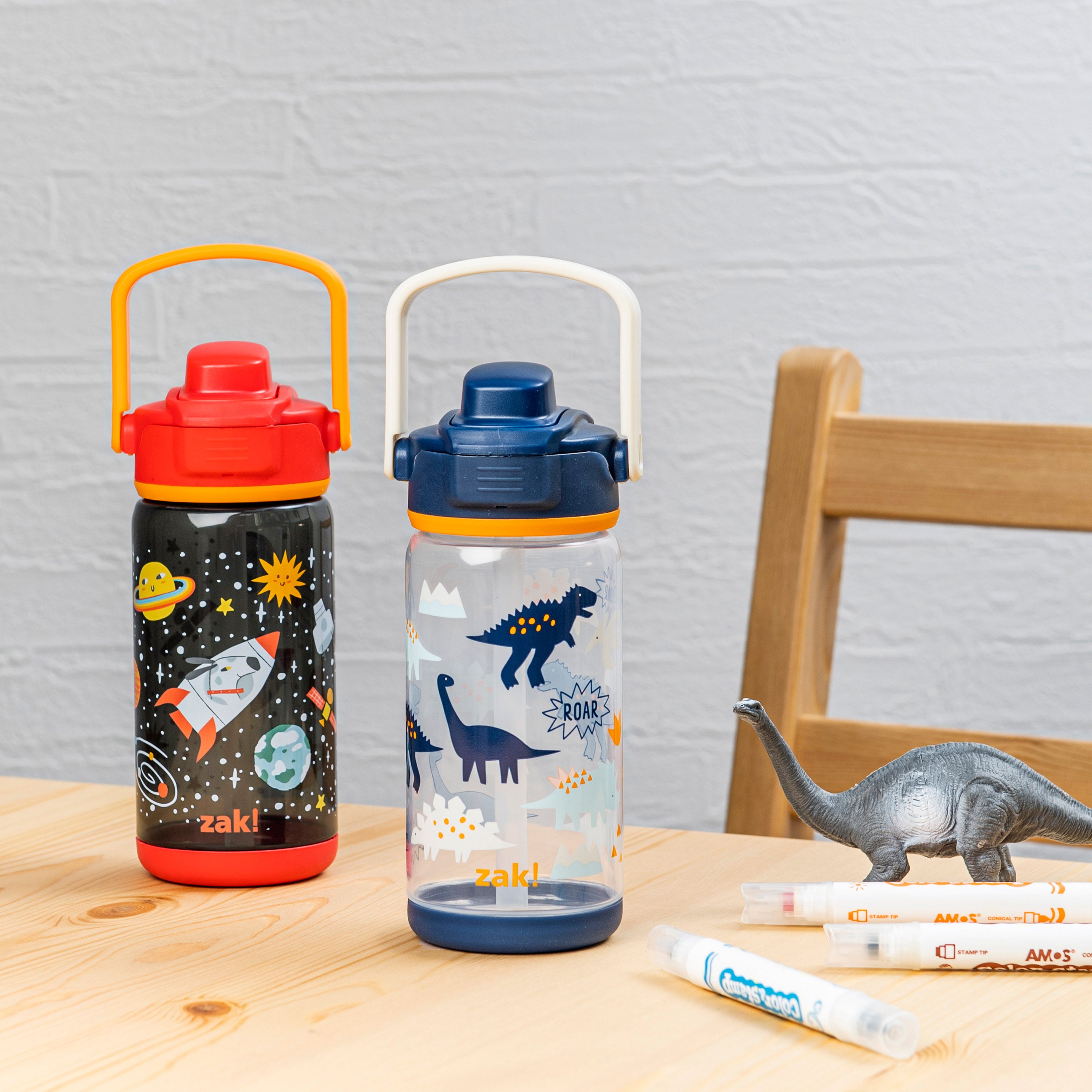 Beacon 2-Piece Kids Water Bottle Set with Covered Spout - Spaceships and Zaksaurus, 16 Ounces
