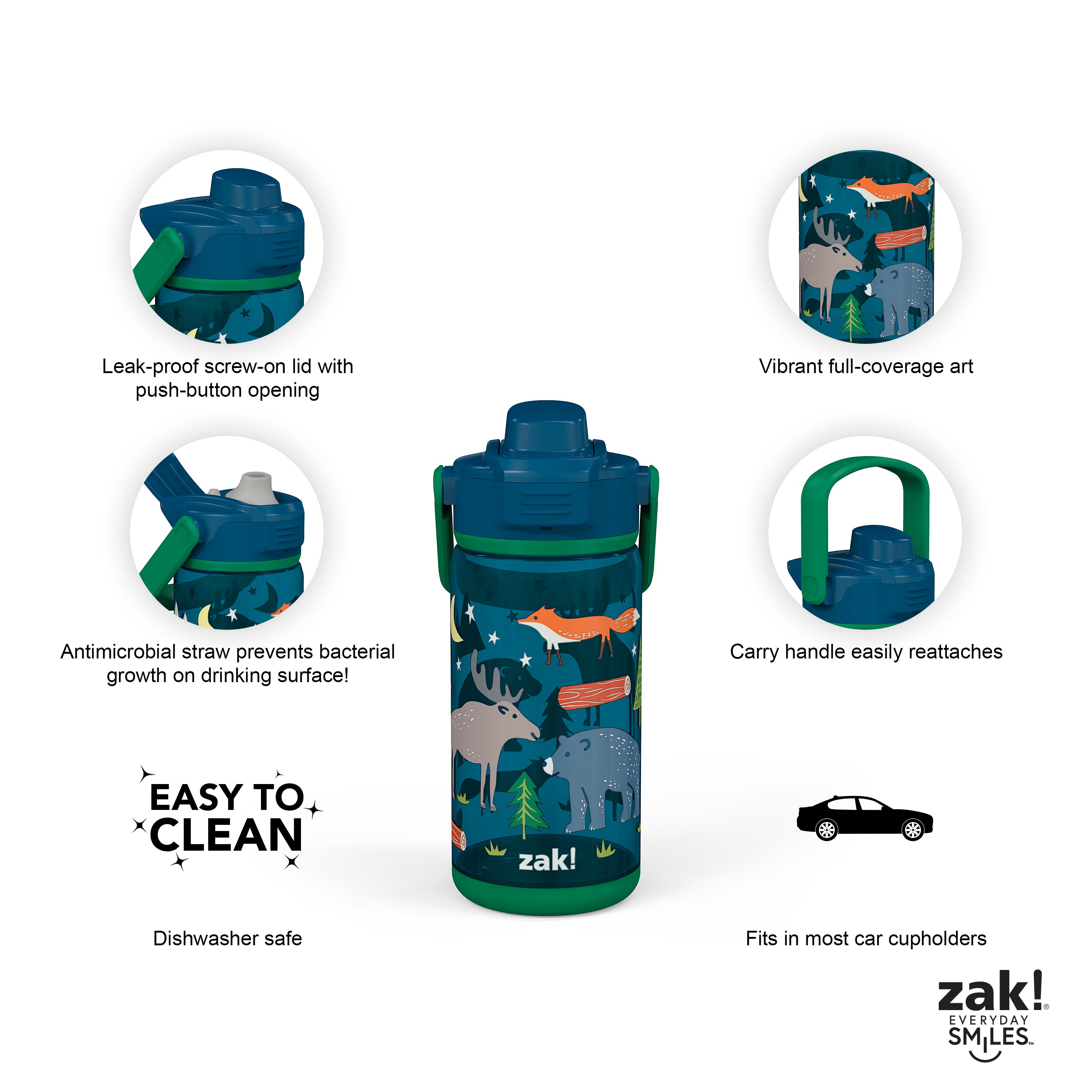 Zak! - Zak!, Everyday Smiles - Water Bottle, Leak-Proof, 16 Ounce, Shop