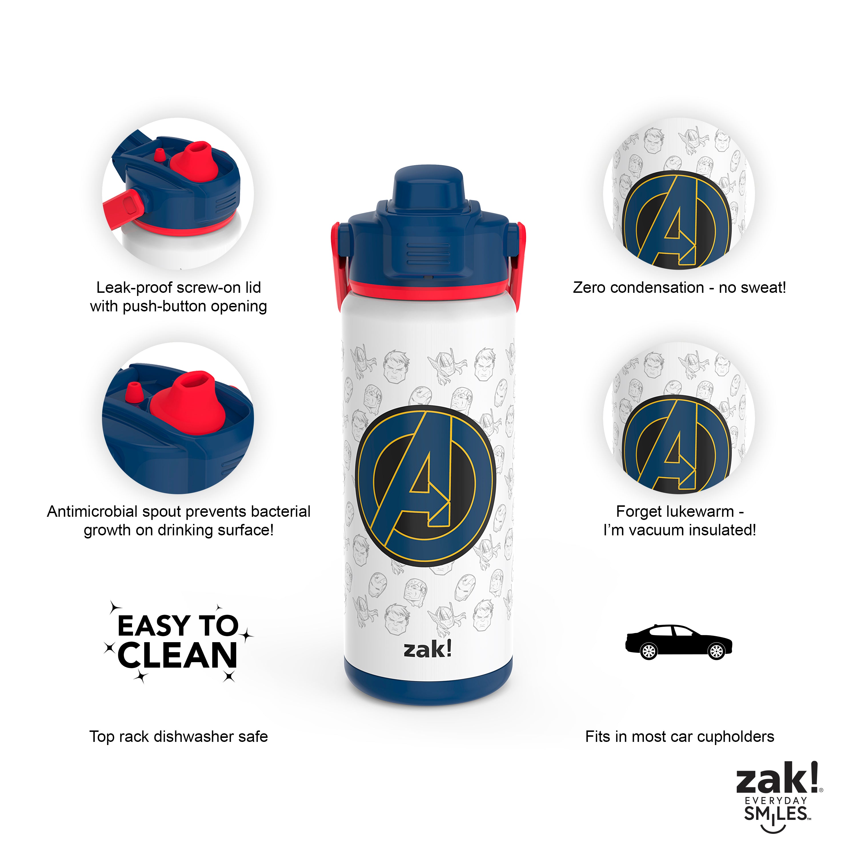 Zak Designs 14 oz Kids Water Bottle Stainless Steel Vacuum Insulated for Outdoor, Marvel Avengers, Size: 14 fl oz, Blue