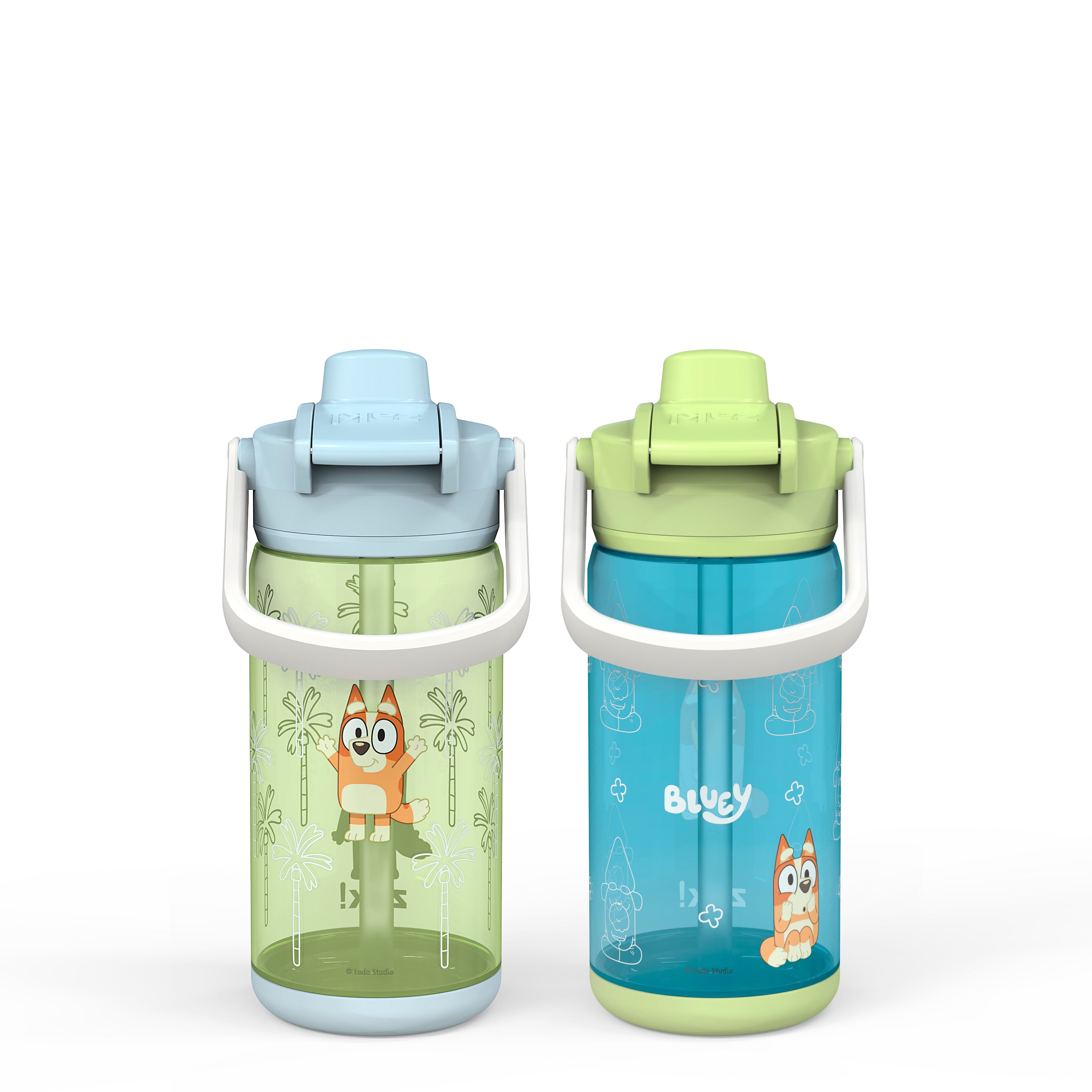 Zak Designs Bluey Kids Durable Plastic Spout Cover and Built-in Carrying Loop Leak-Proof Water Design for Travel (16oz 2pc Set) Bluey Bottle 2pk 2 Co