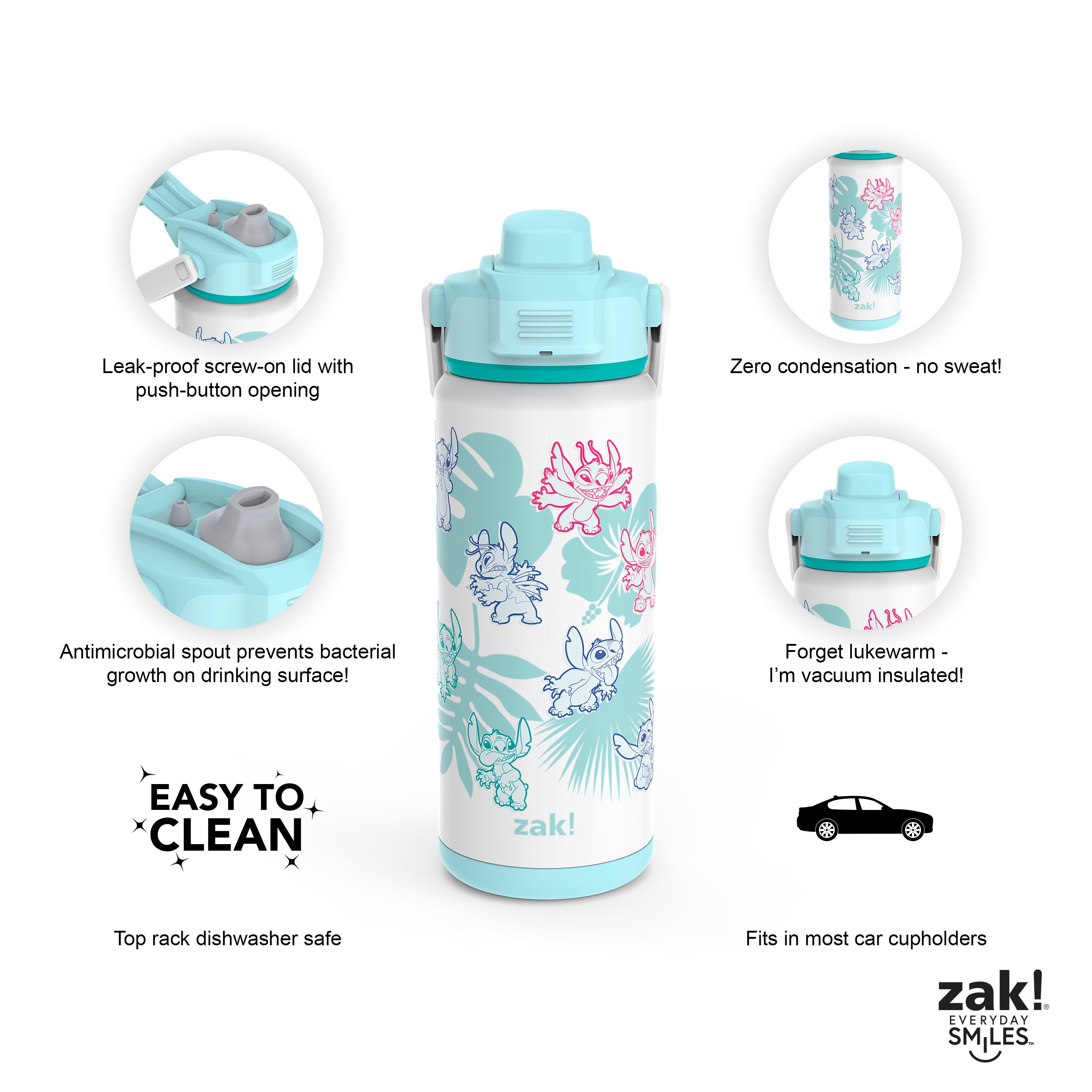 Zak Designs 20oz Stainless Steel Kids' Water Bottle with Antimicrobial Spout 'Disney Lilo and Stitch