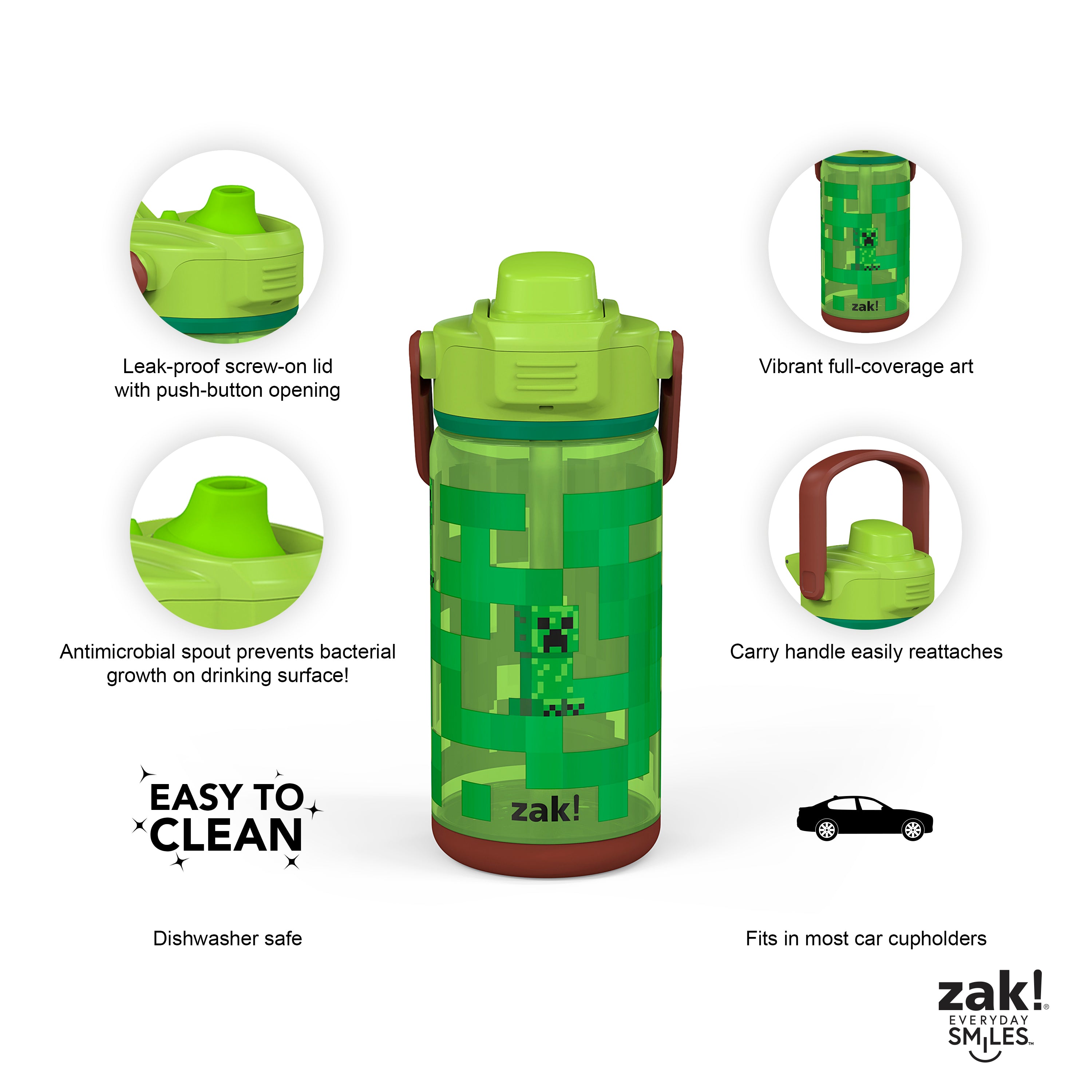 Zak Designs Minecraft Water Bottle for School or Travel, 25 oz Durable Plastic Water Bottle with Straw, Handle, and Leak-Proof, Pop-Up Spout Cover (