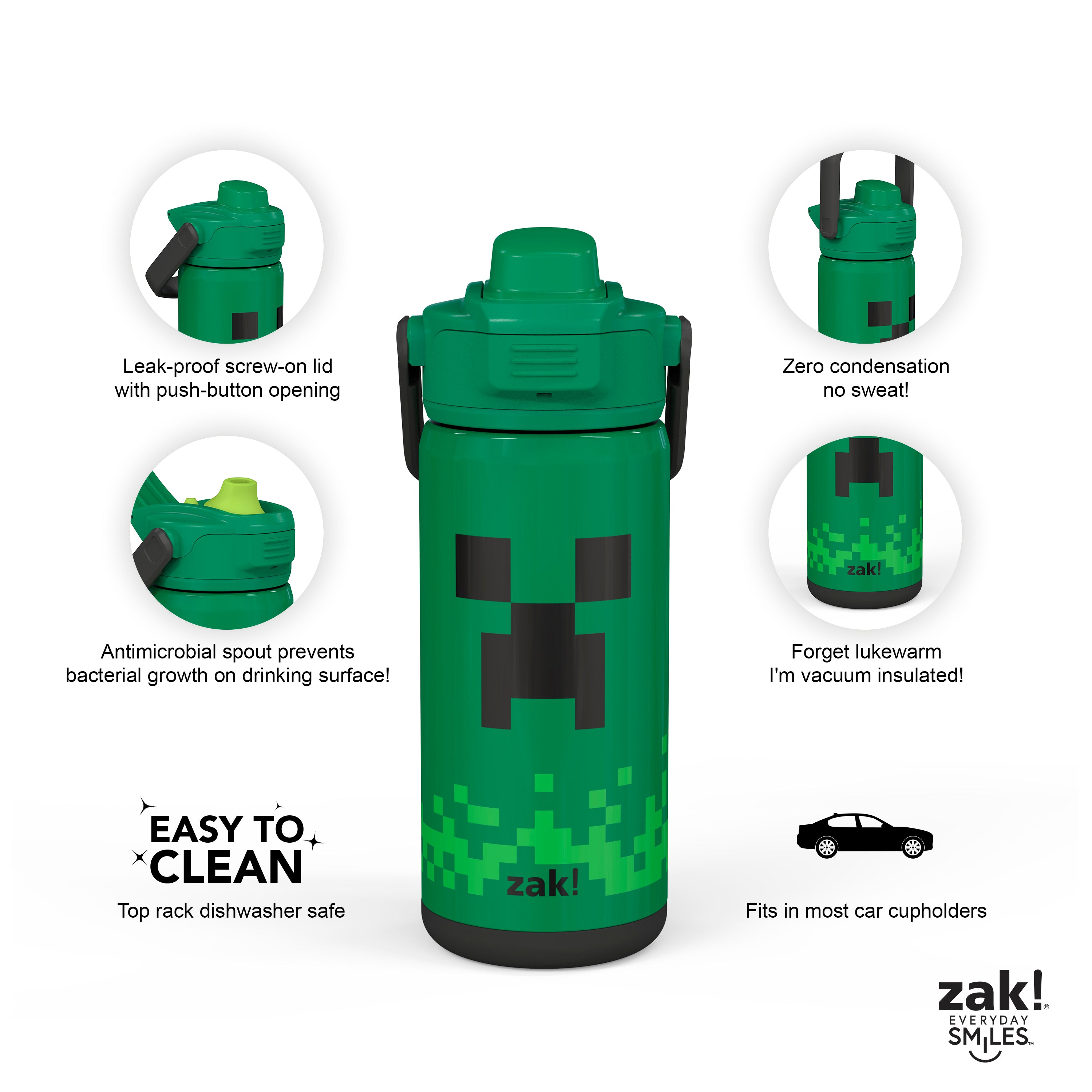 Zak Designs 20oz Stainless Steel Kids' Water Bottle with Antimicrobial Spout 'Minecraft
