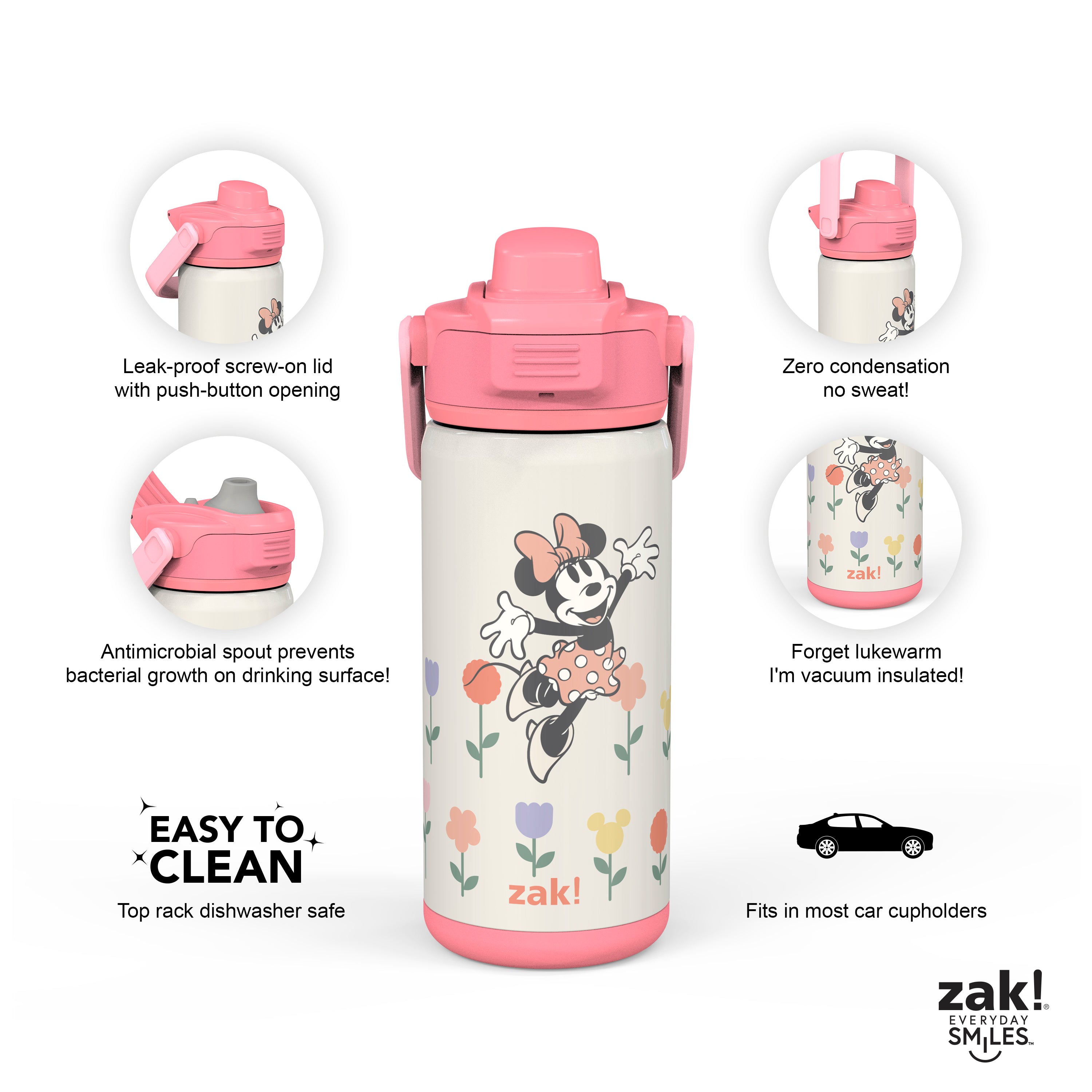 Zak Designs 14oz Stainless Steel Kids' Water Bottle with Antimicrobial Spout 'Disney Minnie Mouse