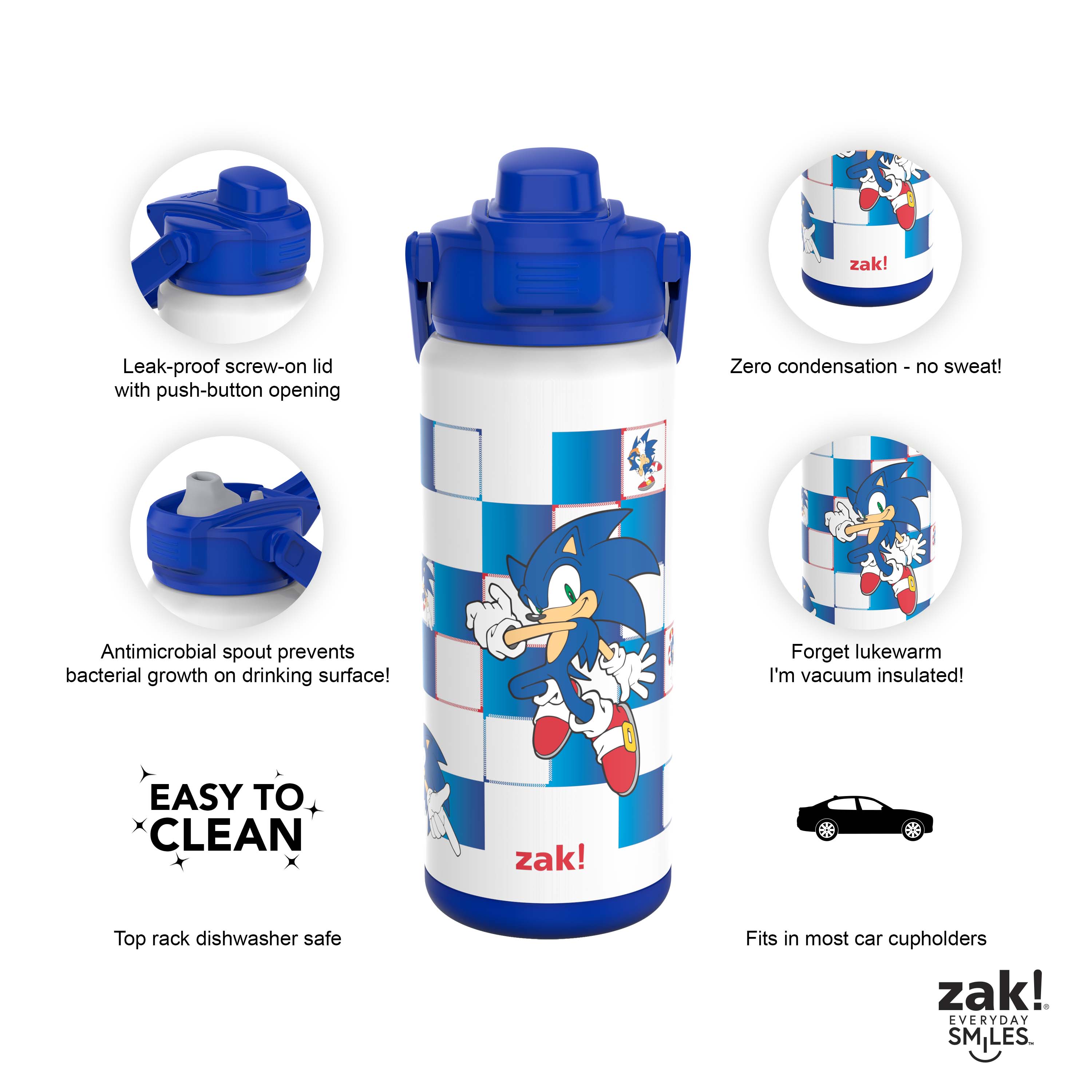 Zak Designs 20oz Stainless Steel Kids' Water Bottle with Antimicrobial Spout 'Sonic The Hedgehog