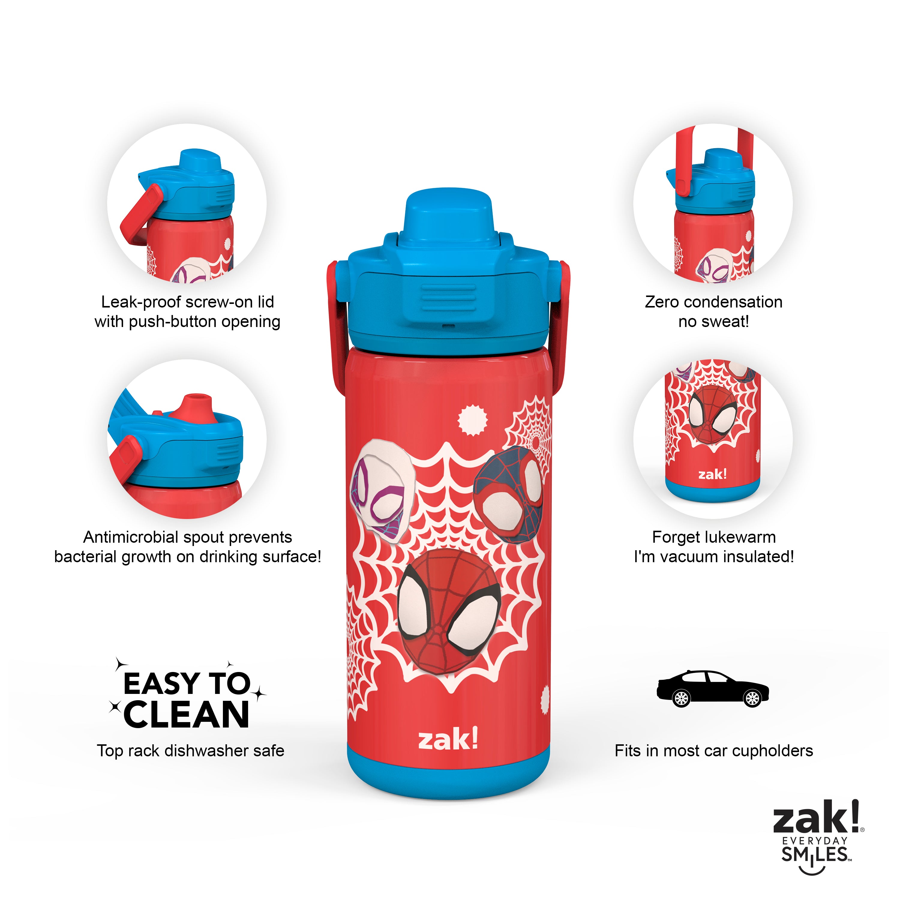 Marvel Spider-Man Spidey Beacon Stainless Steel Insulated Kids Water Bottle with Covered Spout, 14 Ounces