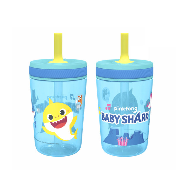 Zak Designs 12oz and 15oz 2-Pack Straw Tumbler Stainless Steel and Plastic  with Additional Straw Leakproof and Perfect for Kids, Baby Shark