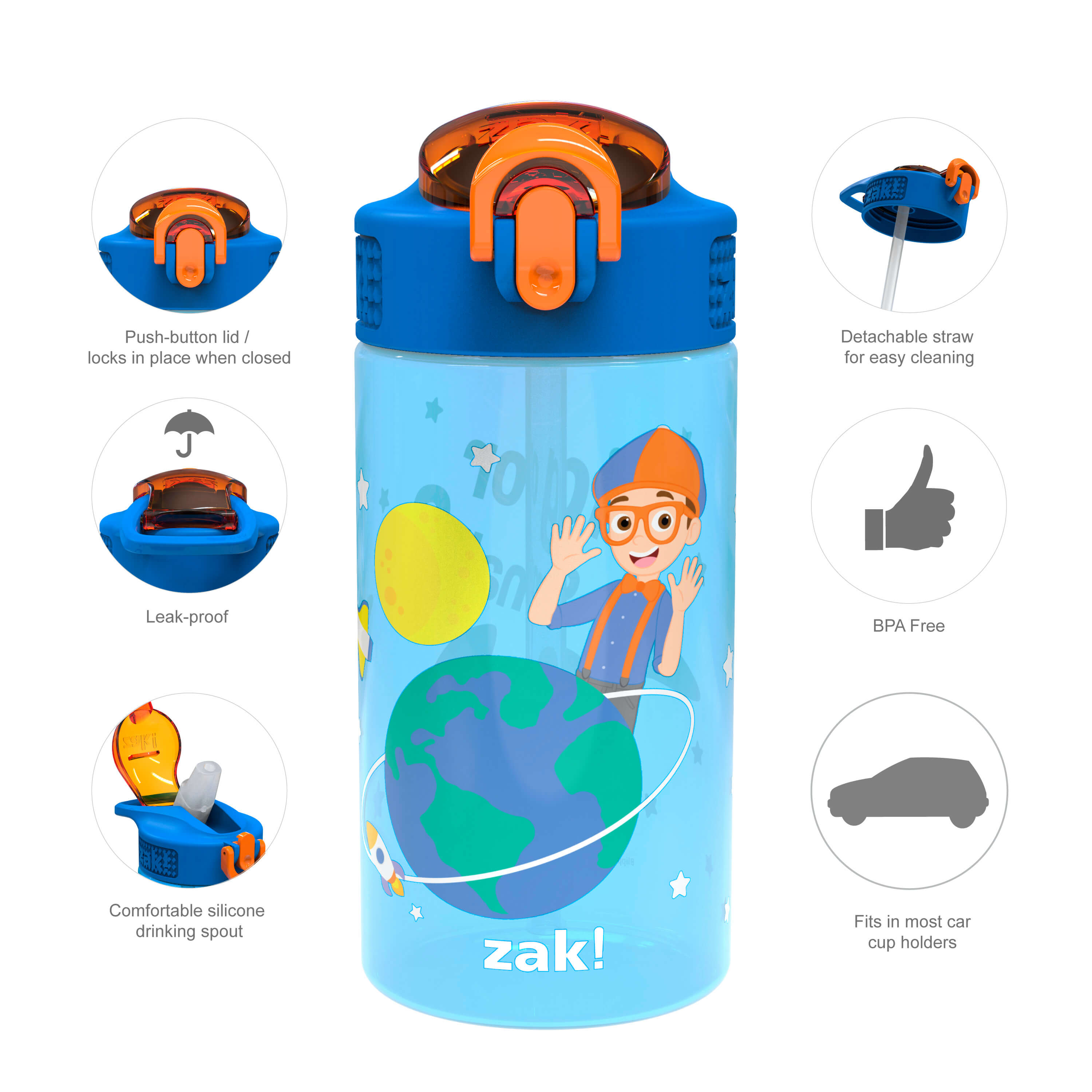 Blippi Kids Plastic Water Bottle with Leak Proof Lid and Spout - 2 Pack, 16 ounce