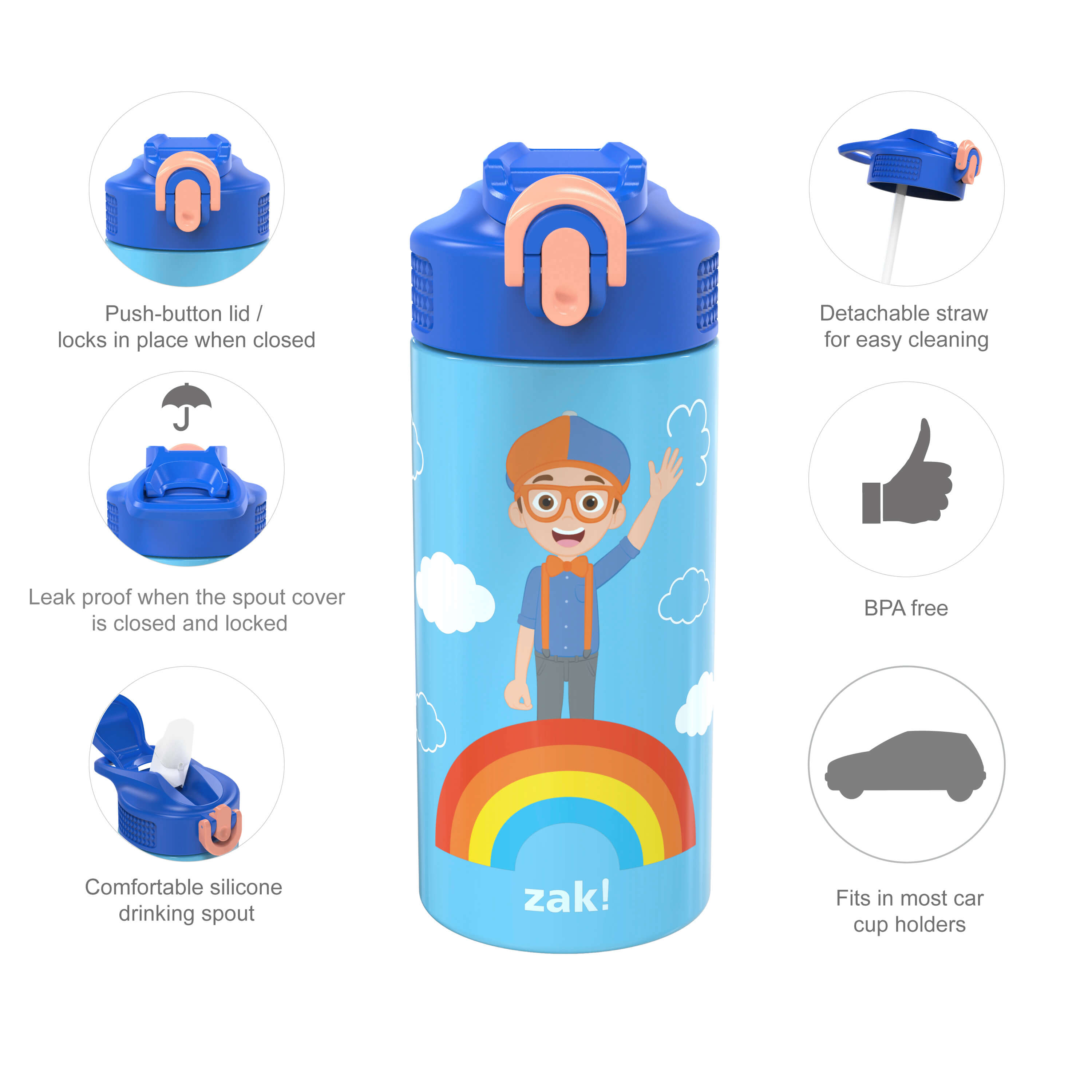 Blippi Kids Stainless Steel Leak Proof Water Bottle with Push Button Lid and Spout