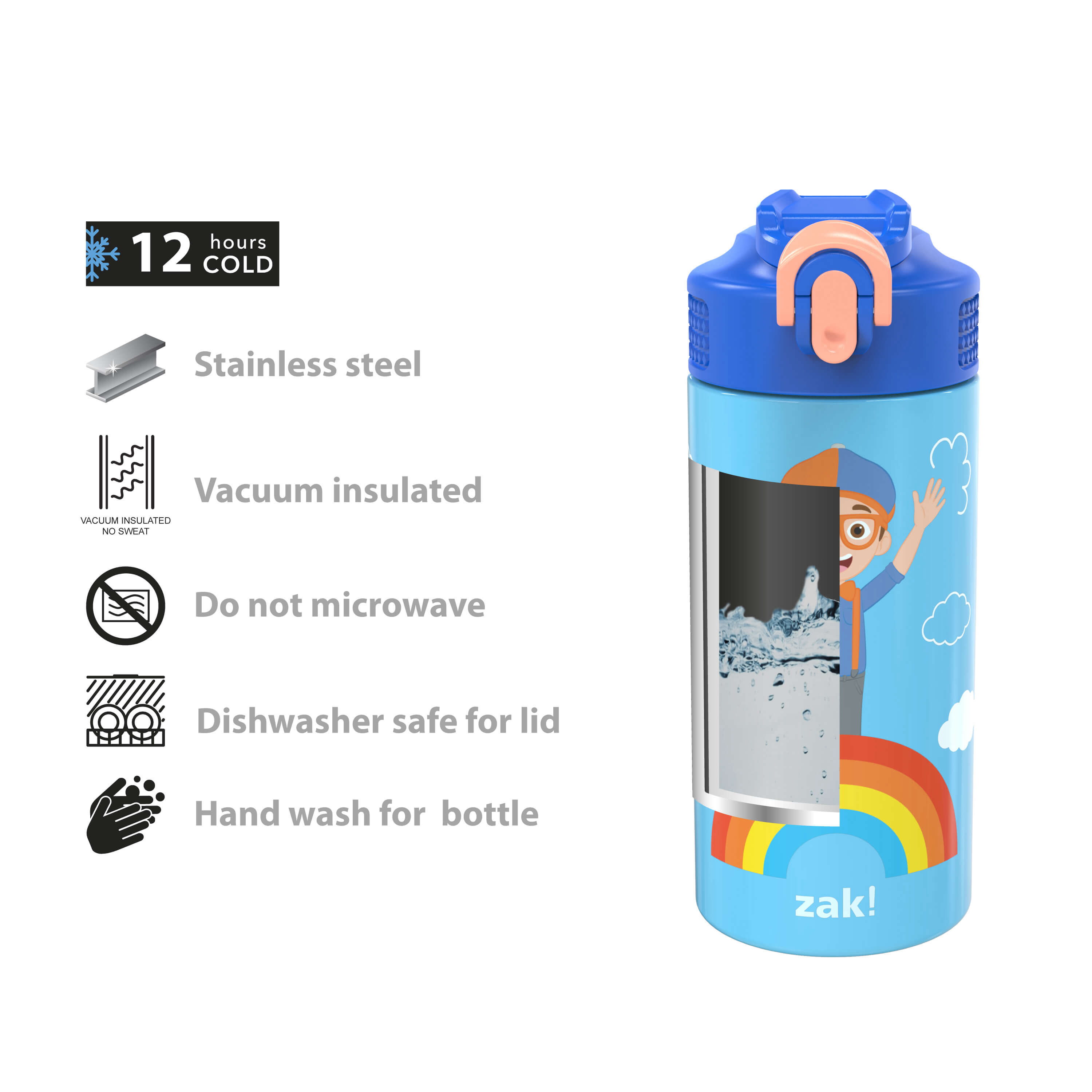 Blippi Kids Stainless Steel Leak Proof Water Bottle with Push Button Lid and Spout