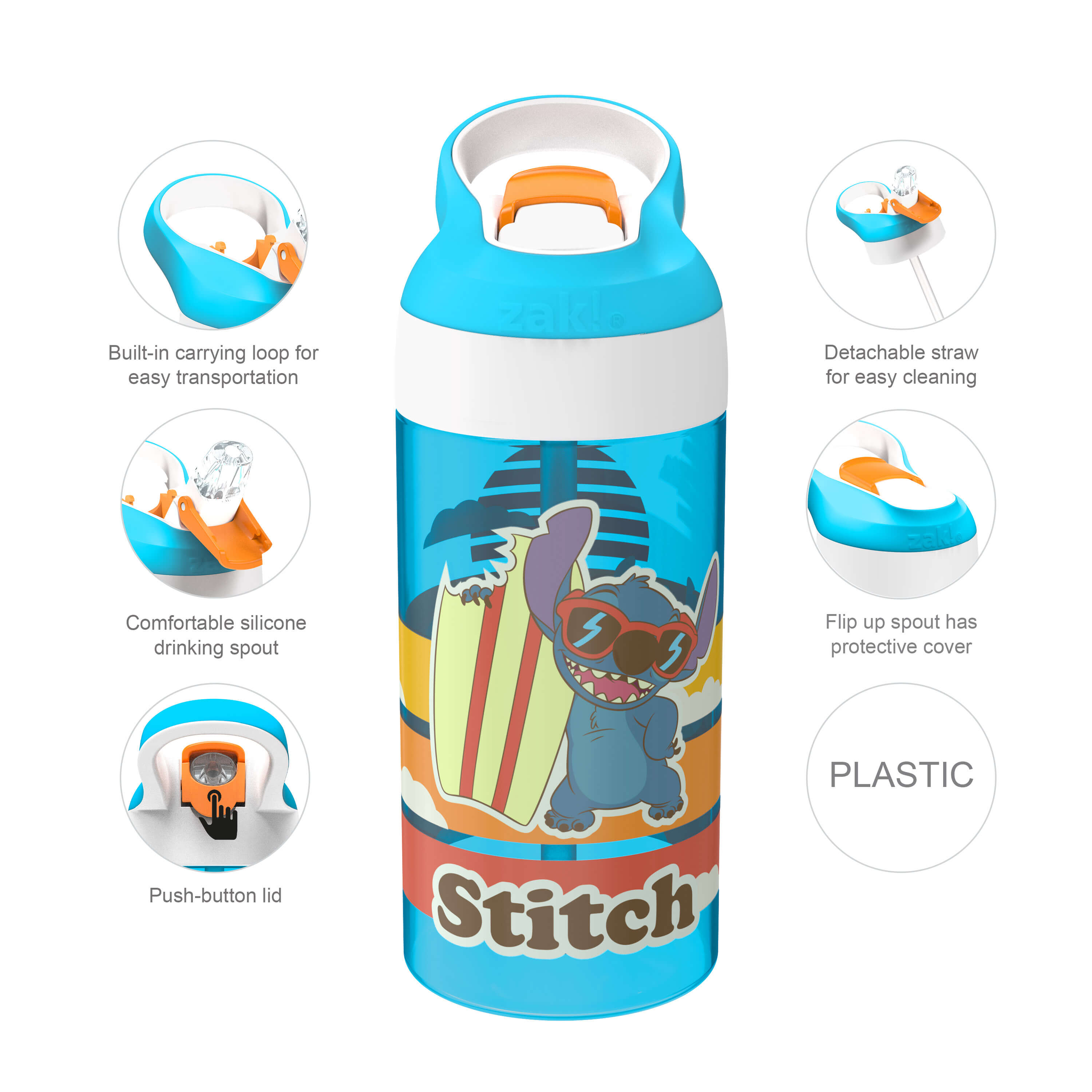 Disney Lilo & Stitch Bouteille d'eau anti-fuite pour enfants avec  couvercle à bouton-poussoir et bec verseur - 17,5 onces —