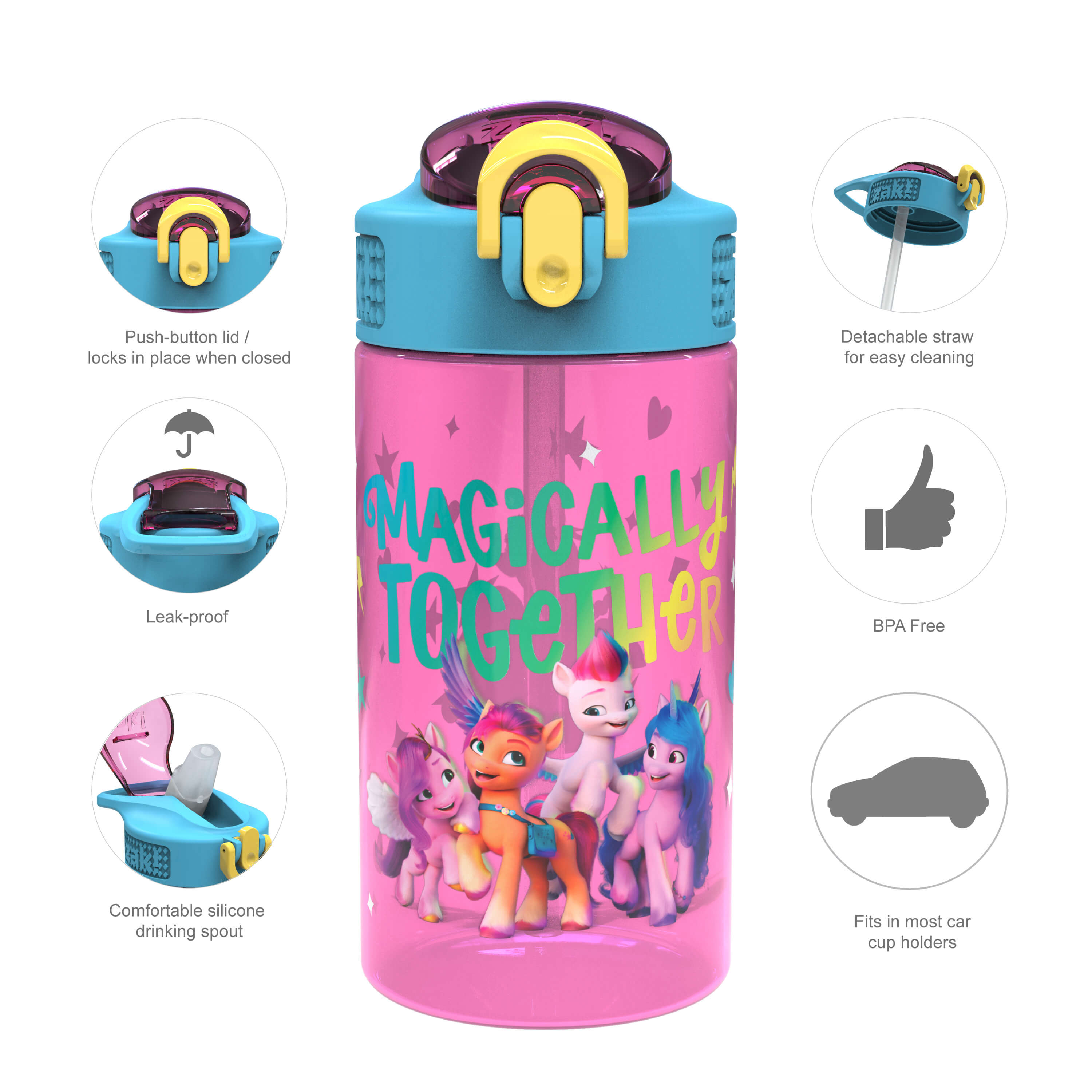 My Little Pony Kids Plastic Water Bottle with Leak Proof Lid and Spout - 2 Pack, 16 ounce
