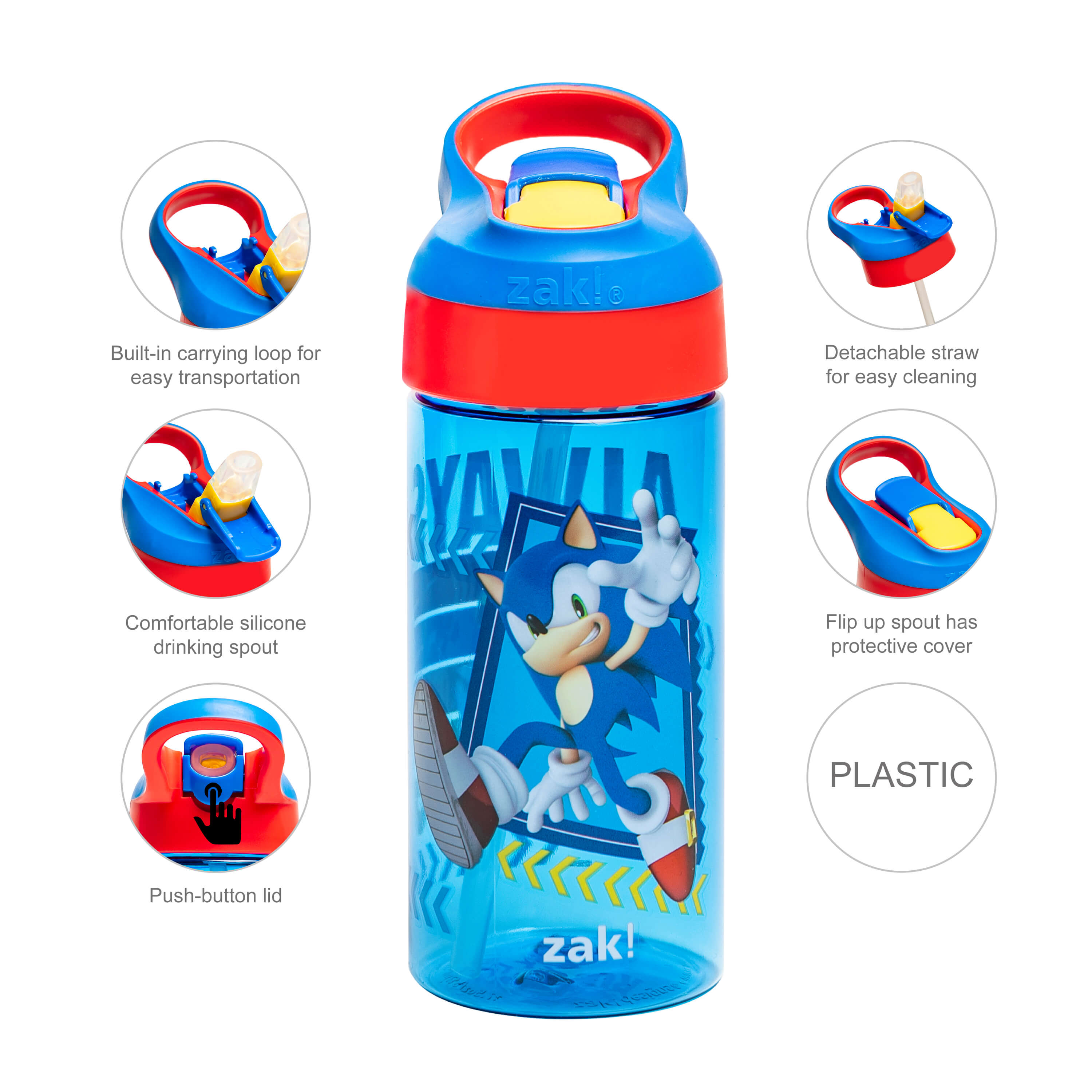 Sonic the Hedgehog Kids Leak Proof Water Bottle with Push Button Lid and Spout