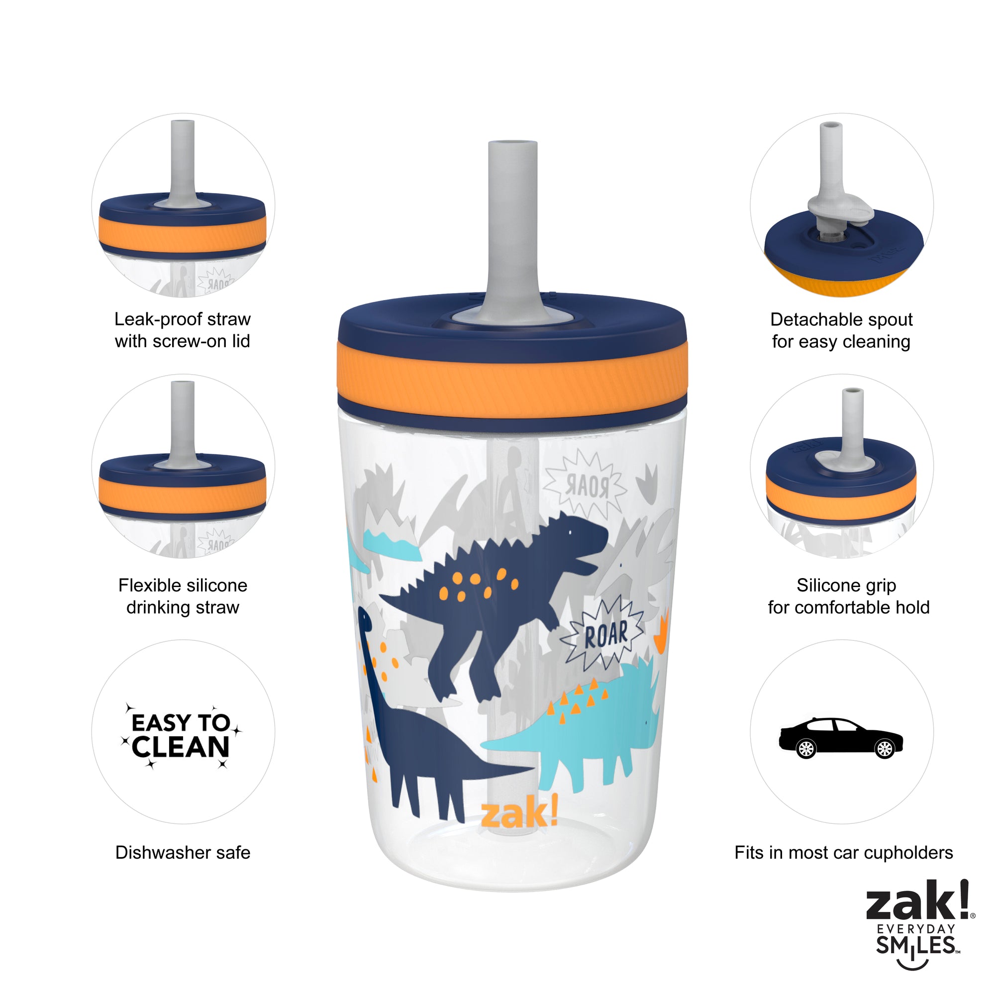 DinoRoar and Zaksaurus Kelso Kids Leak Proof Tumbler with Lid and Straw - 15 Ounces